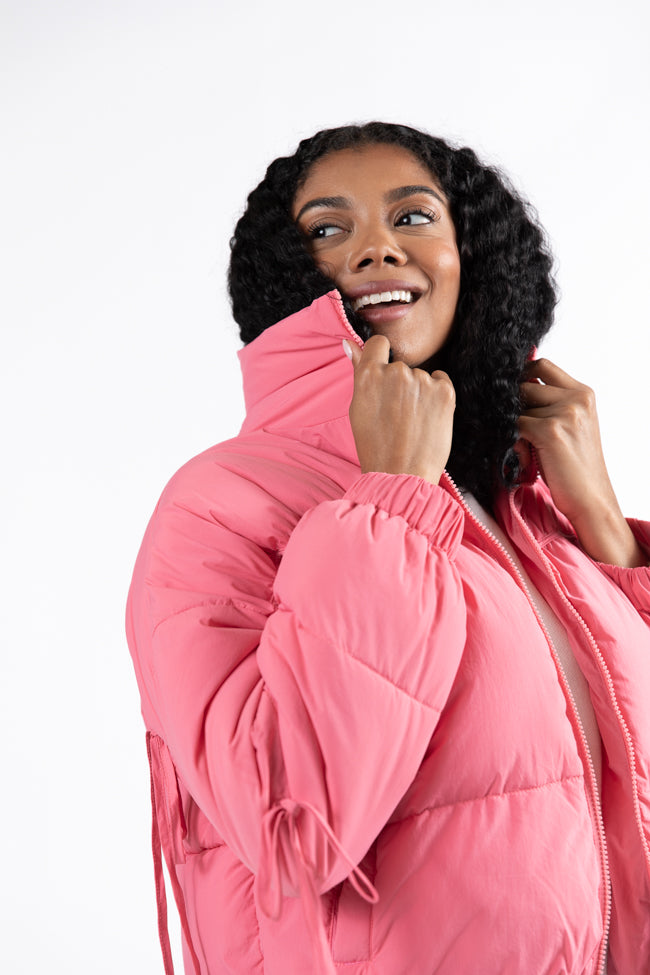 Pink Bow Sleeve Puffer Jacket for Women - Cozy Winter Outerwear with Stylish Bow Details | Perfect for Cold Weather, Date Nights & Holiday Outfits
