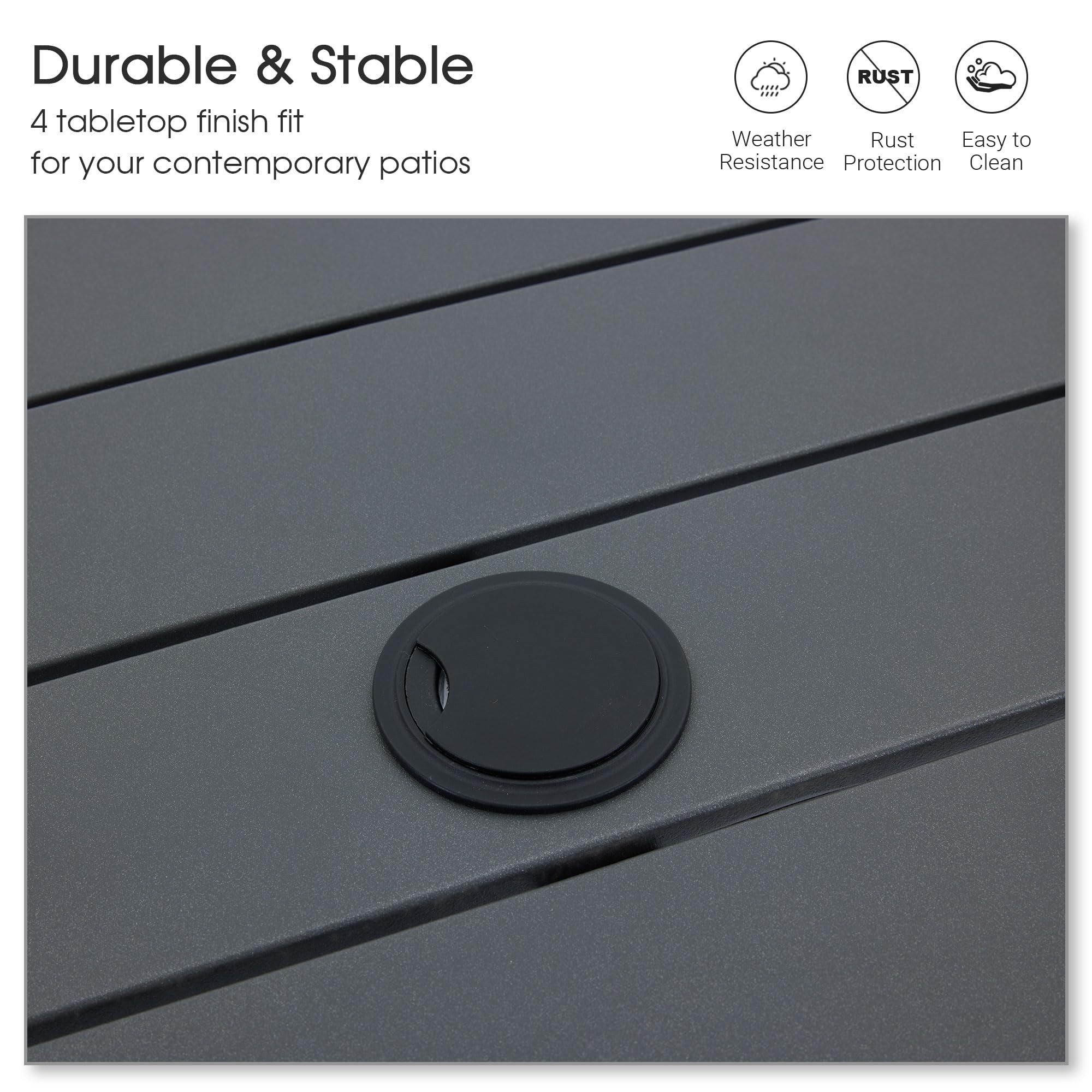 VICLLAX 47 Inch Round Outdoor Patio Dining Table with Adjustable Umbrella Hole - Metal Slatted Tabletop for Deck, Lawn, Garden & Backyard - Dark Grey - Perfect for Outdoor Entertaining, BBQs, and Family Gatherings