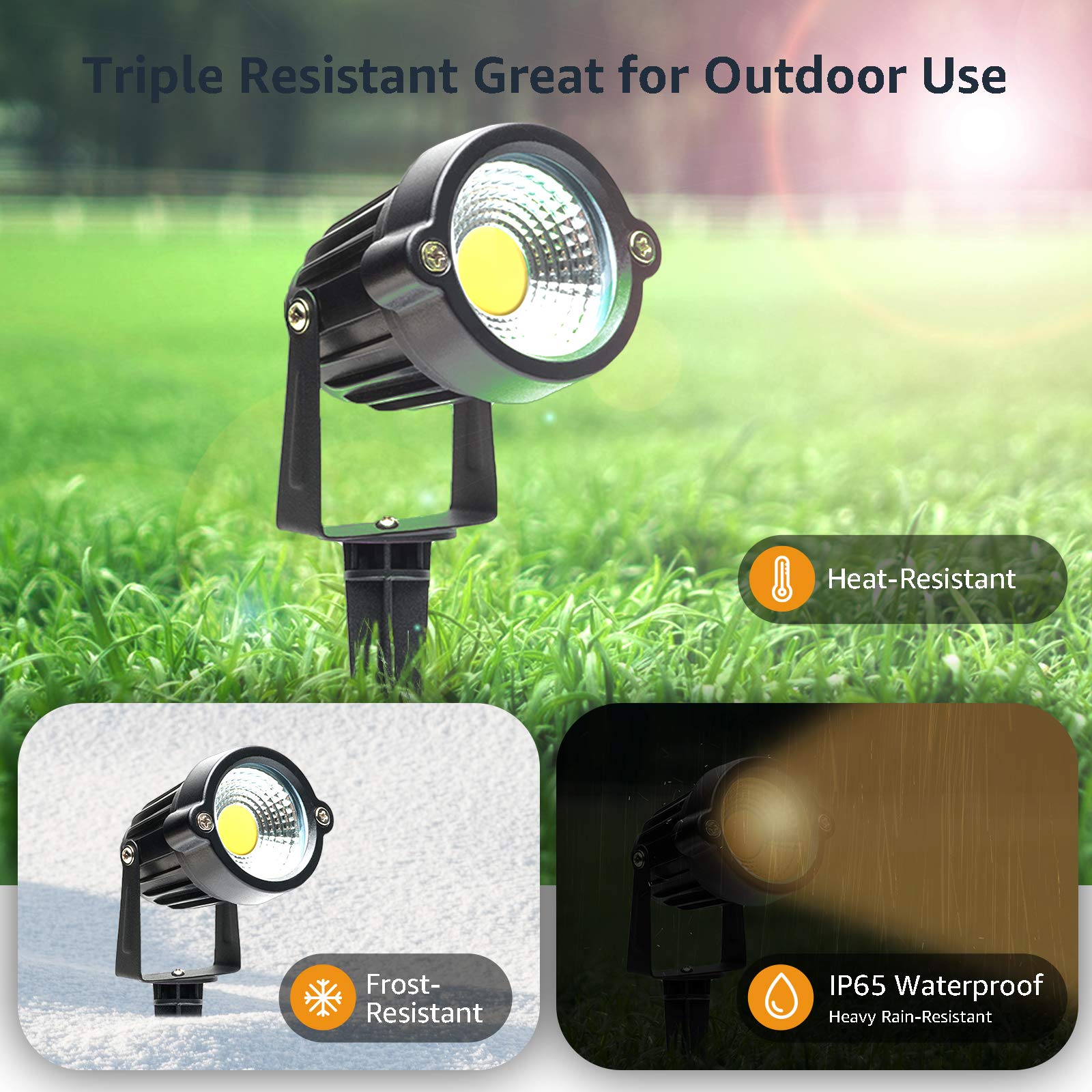 5W 3000K Warm White LED Landscape Spot Lights with Spiked Stand - Waterproof Outdoor Spotlight for Yard, House, Lawn Decoration - US 3-Prong Plug (2 Pack) - Perfect for Garden Pathways, Tree Uplighting & Architectural Accents