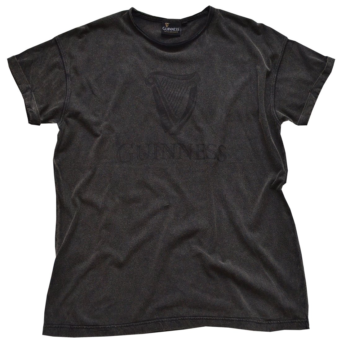 Black Guinness Acid Wash Harp Rolled Sleeve T-Shirt | Vintage Beer Brand Graphic Tee for Men | Perfect for Pub Nights & Casual Outings