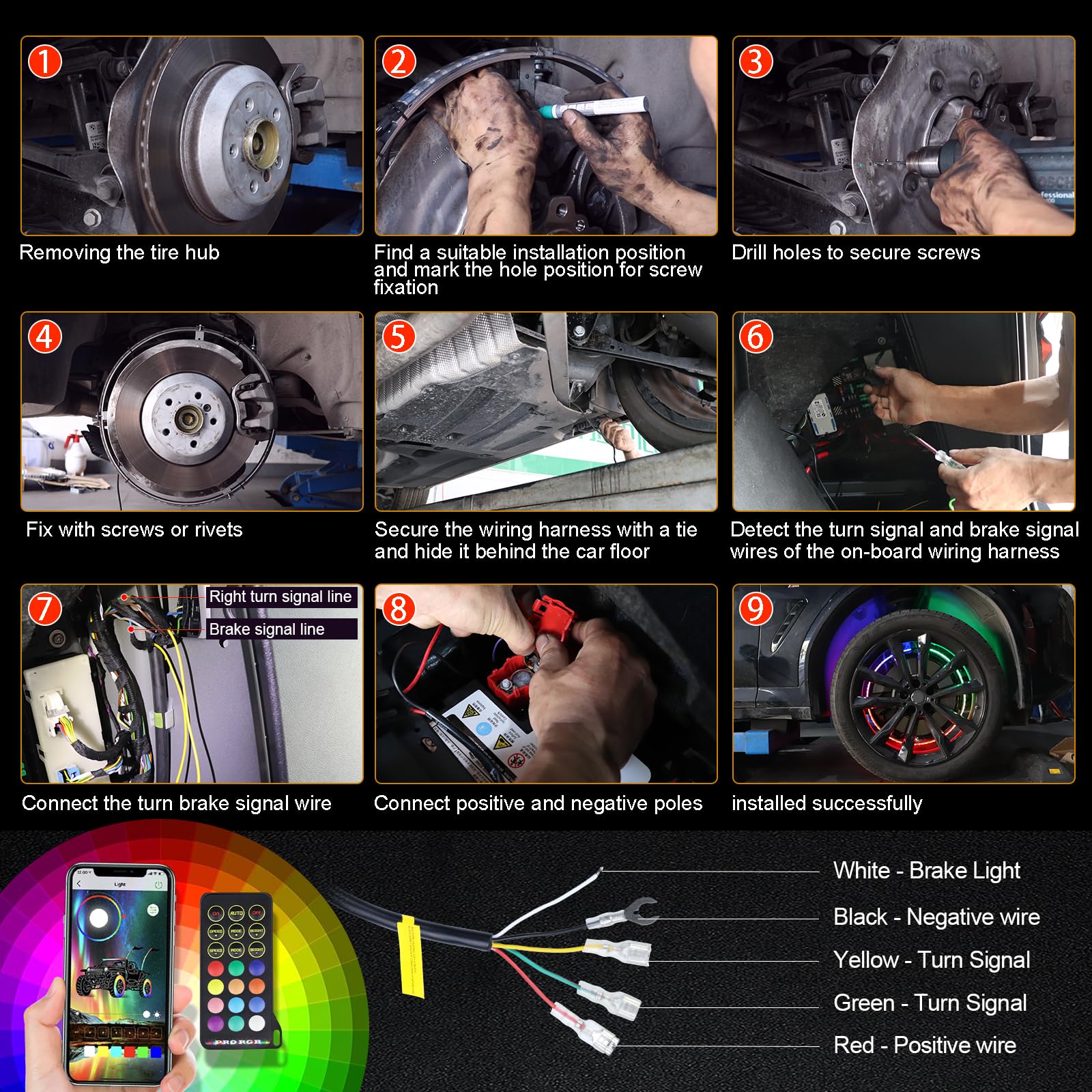 4PCS 17 Inch RGB & White LED Wheel Ring Lights with Turn Signal & Brake Function - Remote & APP Control - Single Row Rim Lights for Trucks, Cars & Offroad Vehicles - Perfect for Night Driving, Car Shows & Offroad Adventures