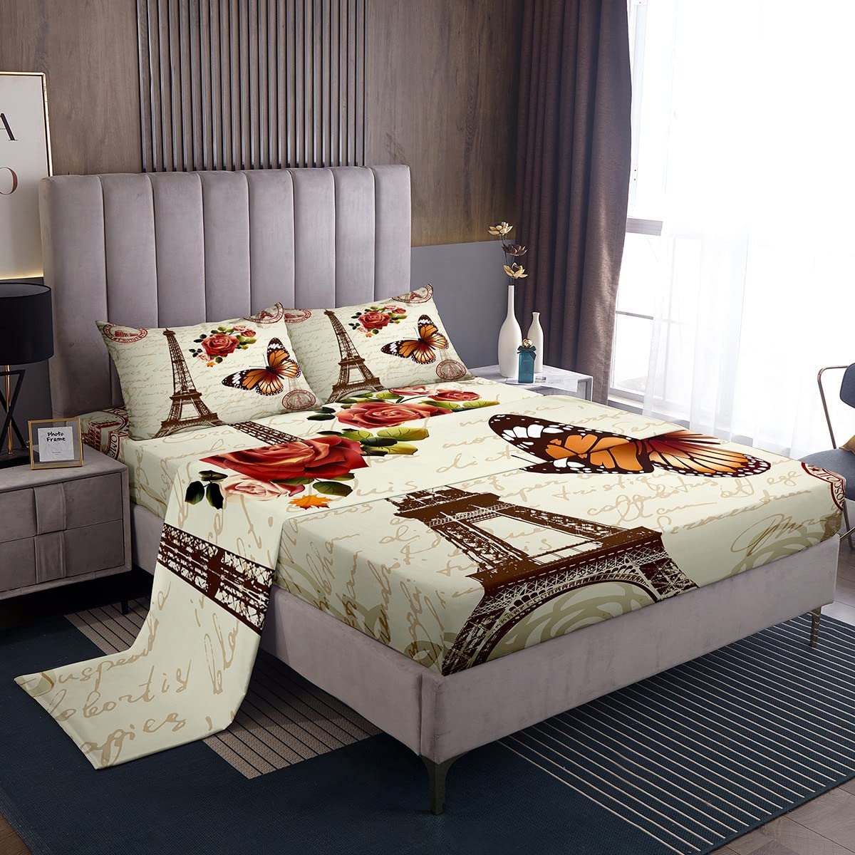 Vintage Paris Cityscape Eiffel Tower Bed Sheet Set - Full Size Microfiber Sheets with Deep Pocket, French Floral Butterfly Decor for Girls & Women | Romantic Bedroom Decor, Chic Travel Bedding Set for Home & Hotels