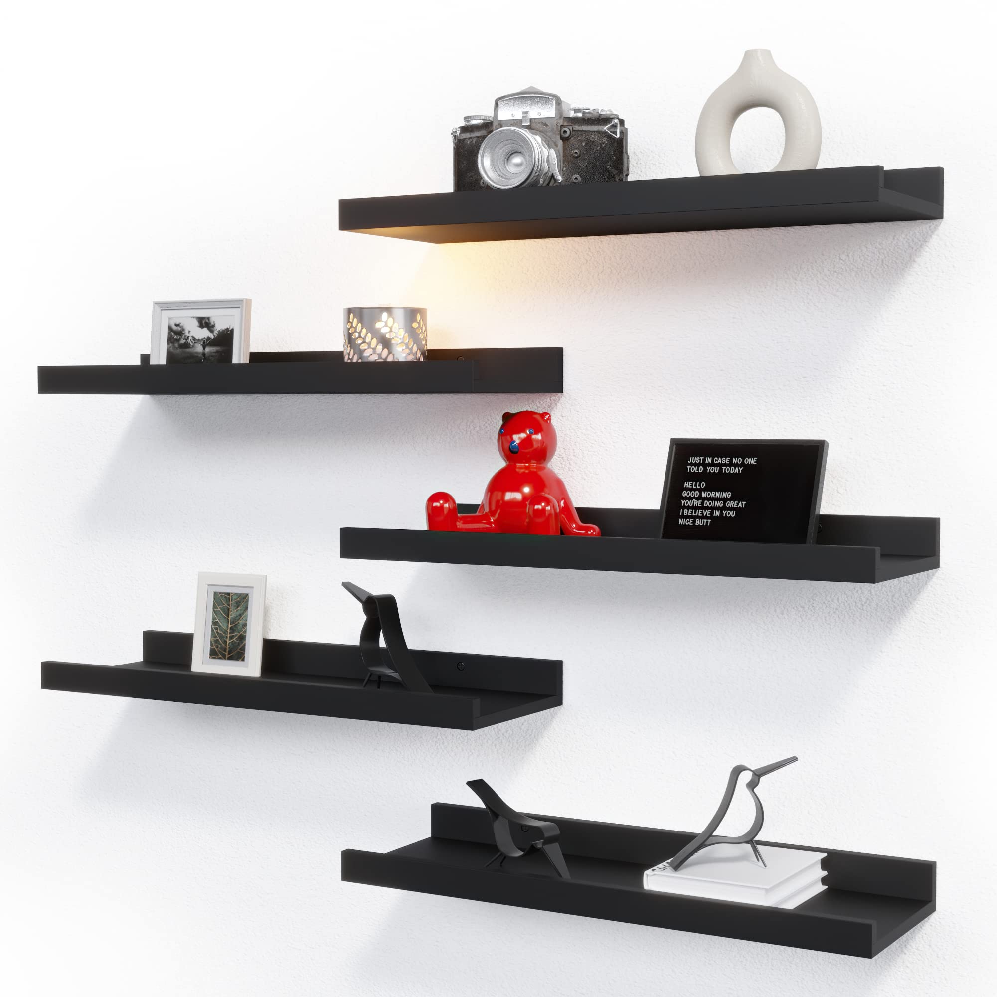 RICHER HOUSE 5-Piece Floating Wall Shelves Set - Black Modern Picture Ledge with Lip for Storage | Wall Decor for Nursery, Bedroom, Living Room & Bathroom - Perfect for Displaying Photos, Books & Decorative Items