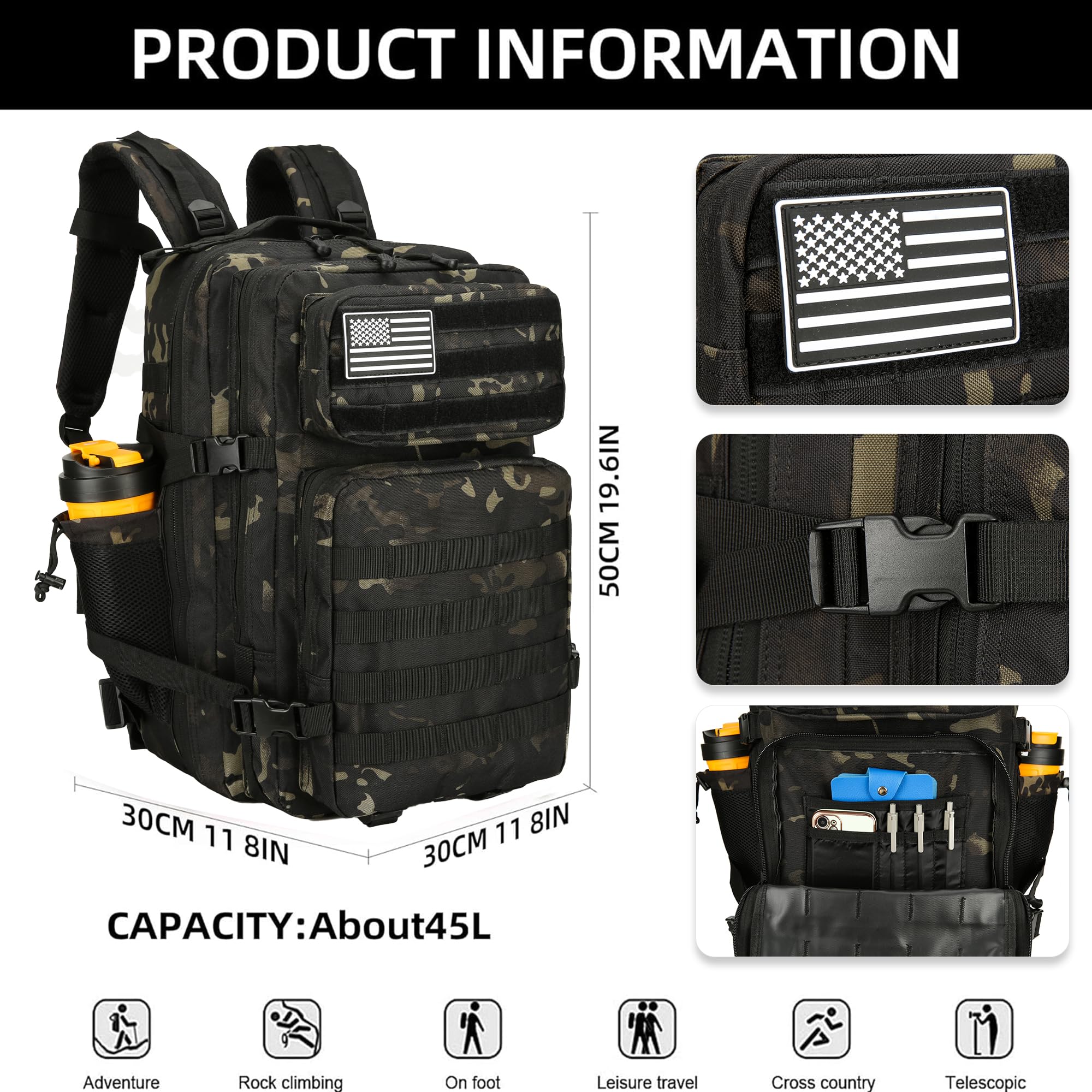 45L Tactical Assault Backpack - 3 Day Military Molle Rucksack with Waterproof Design for Outdoor Camping, Hiking & Airsoft (Black Camo)