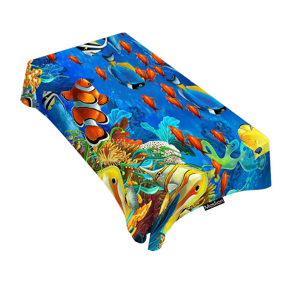 Moslion Blue Ocean Tropical Fish Coral Tablecloth - 60x84 Inch Rectangle Decorative Dining Table Cover for Indoor/Outdoor Use - Perfect for Restaurants, BBQs, Picnics & Coffee Tables