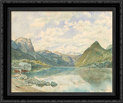 Rudolf von Alt Mountain Landscape With The Grundlsee - 24x20 Inch Black Ornate Wood Framed Canvas Wall Art - Perfect for Living Room, Bedroom, or Office Decor