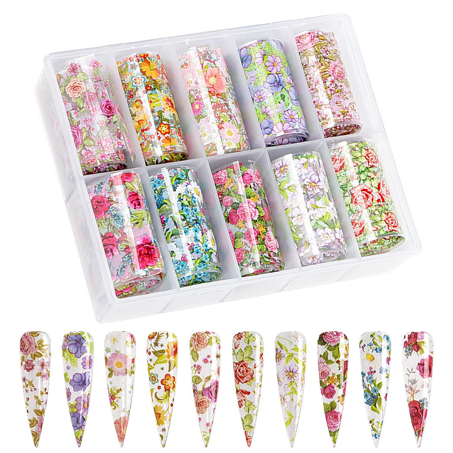 Holographic Floral Nail Foil Wraps - 10 Rolls DIY Nail Art Stickers & Decals for Manicure (39.3 Inch Length) - Perfect for Salon, Home Nail Design & Party Nail Decoration