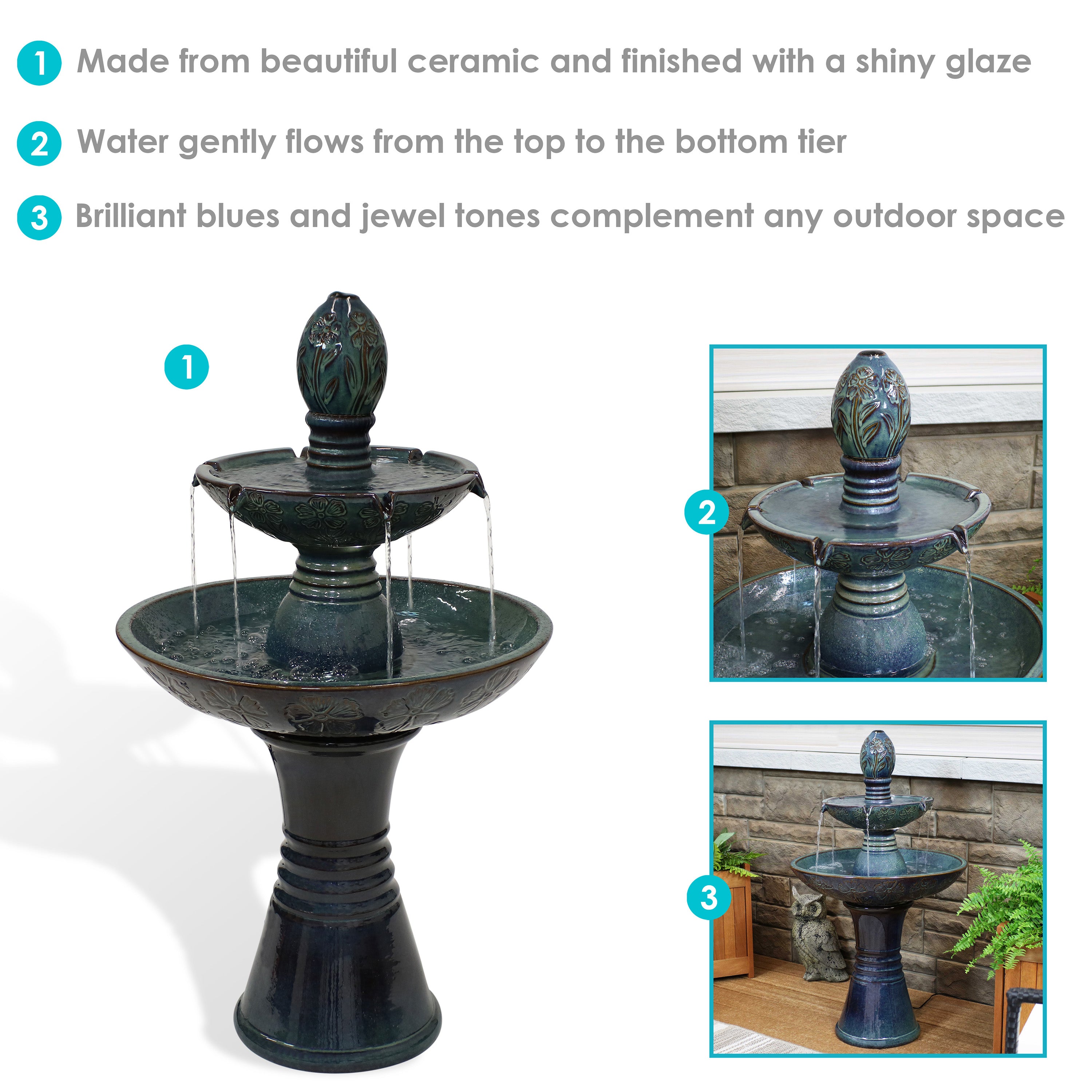 Double Tier Outdoor Ceramic Water Fountain with LED Lights - 38