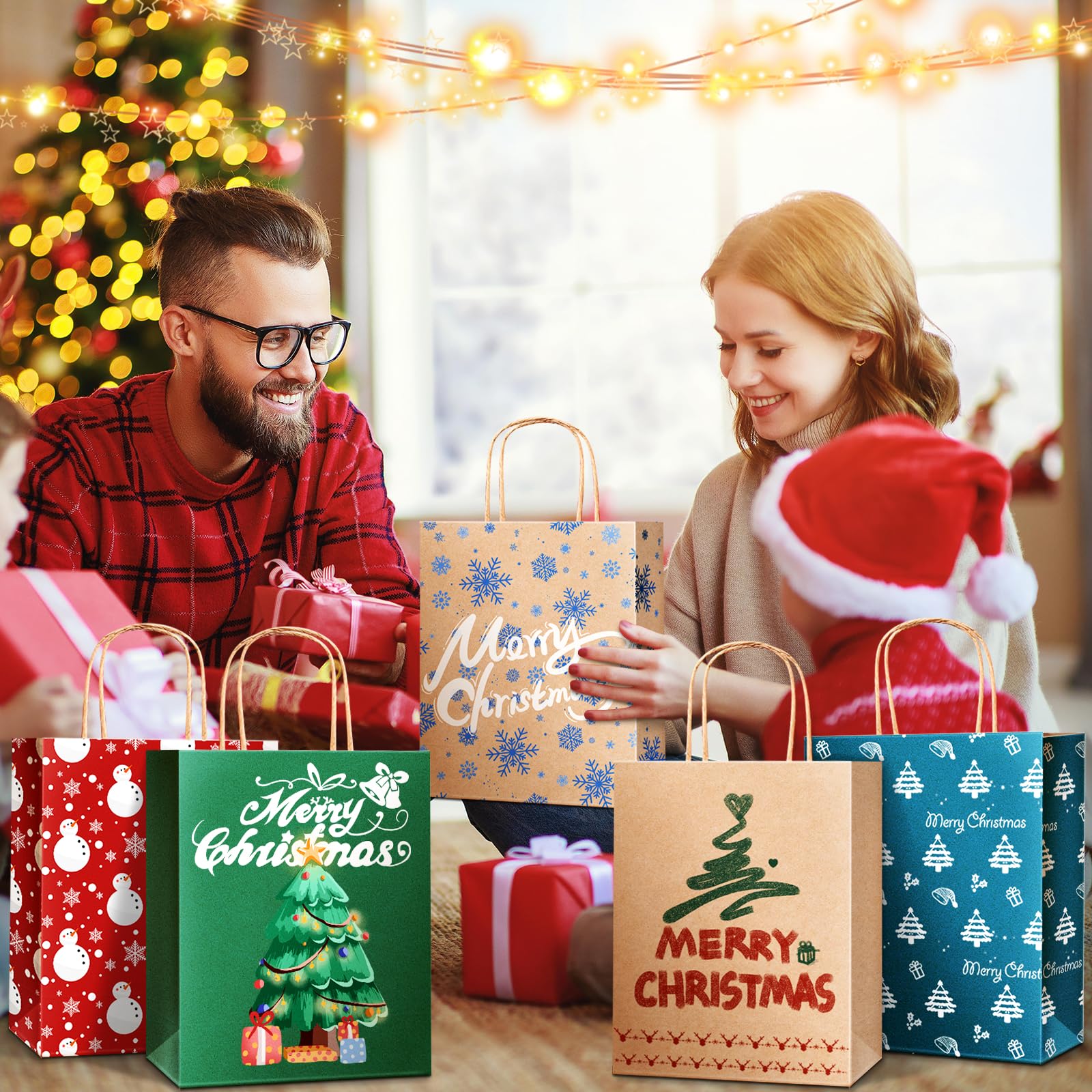 DeckTheHalls Christmas Gift Bags - 24 Pack Small Kraft Paper Holiday Bags with Handles (12 Styles) - Bulk Party Favors, Retail & Goody Bags for Xmas, Holiday Celebrations & Gift Wrapping