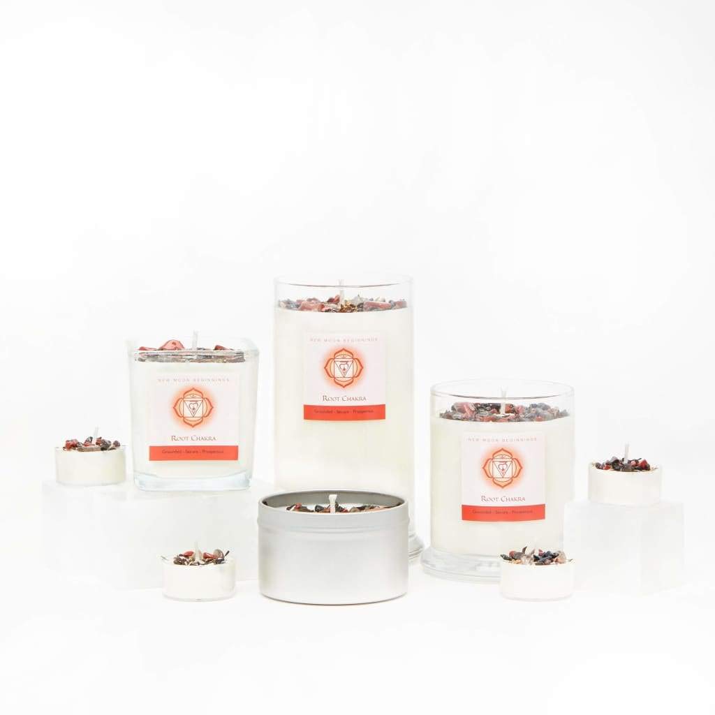Root Chakra Candle by New Moon Beginnings - Healing Chakra Candles with Crystals & Herbs - Natural Soy Aromatherapy Candle for Meditation, Yoga & Spiritual Balance - Perfect for Home, Office & Sacred Spaces
