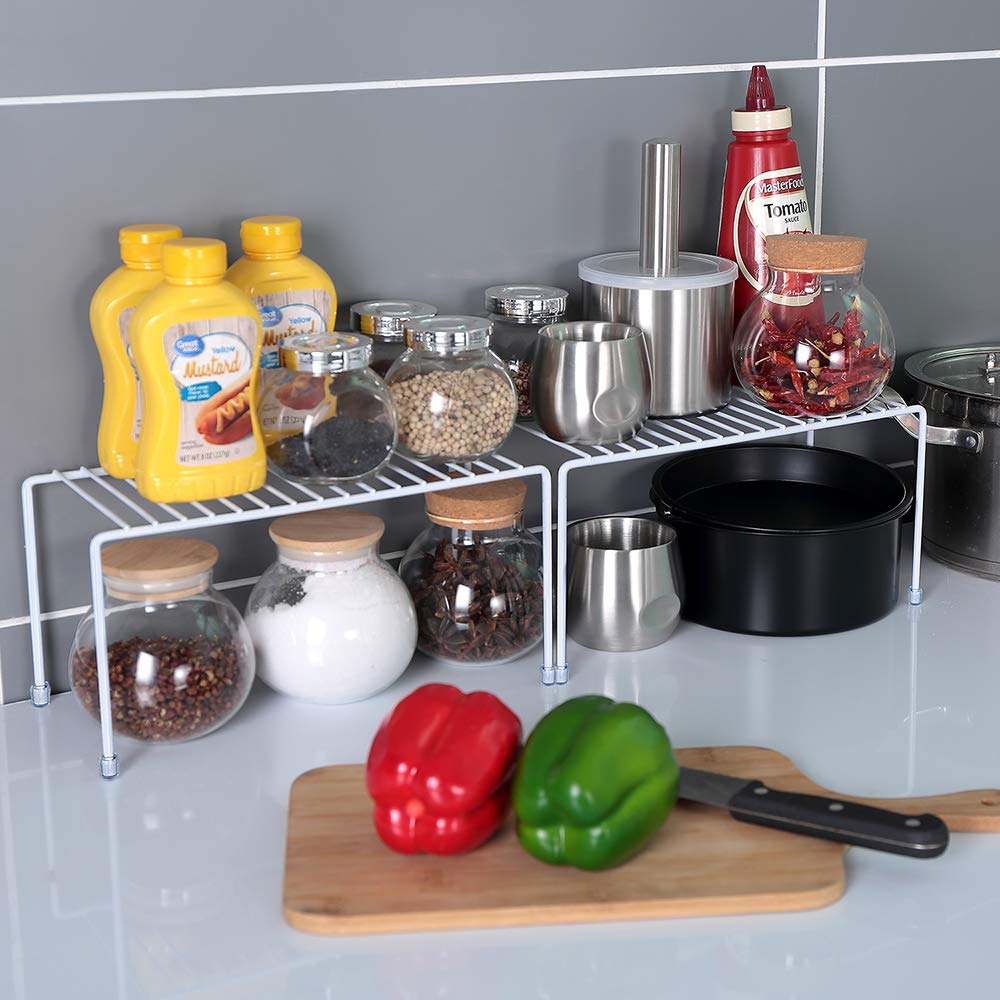 White Kitchen Shelves Set of 2 - Space Saving Cabinet Organizer for Spices, Utensils & Pantry Storage - Perfect for Small Kitchens, Bathrooms & Closets