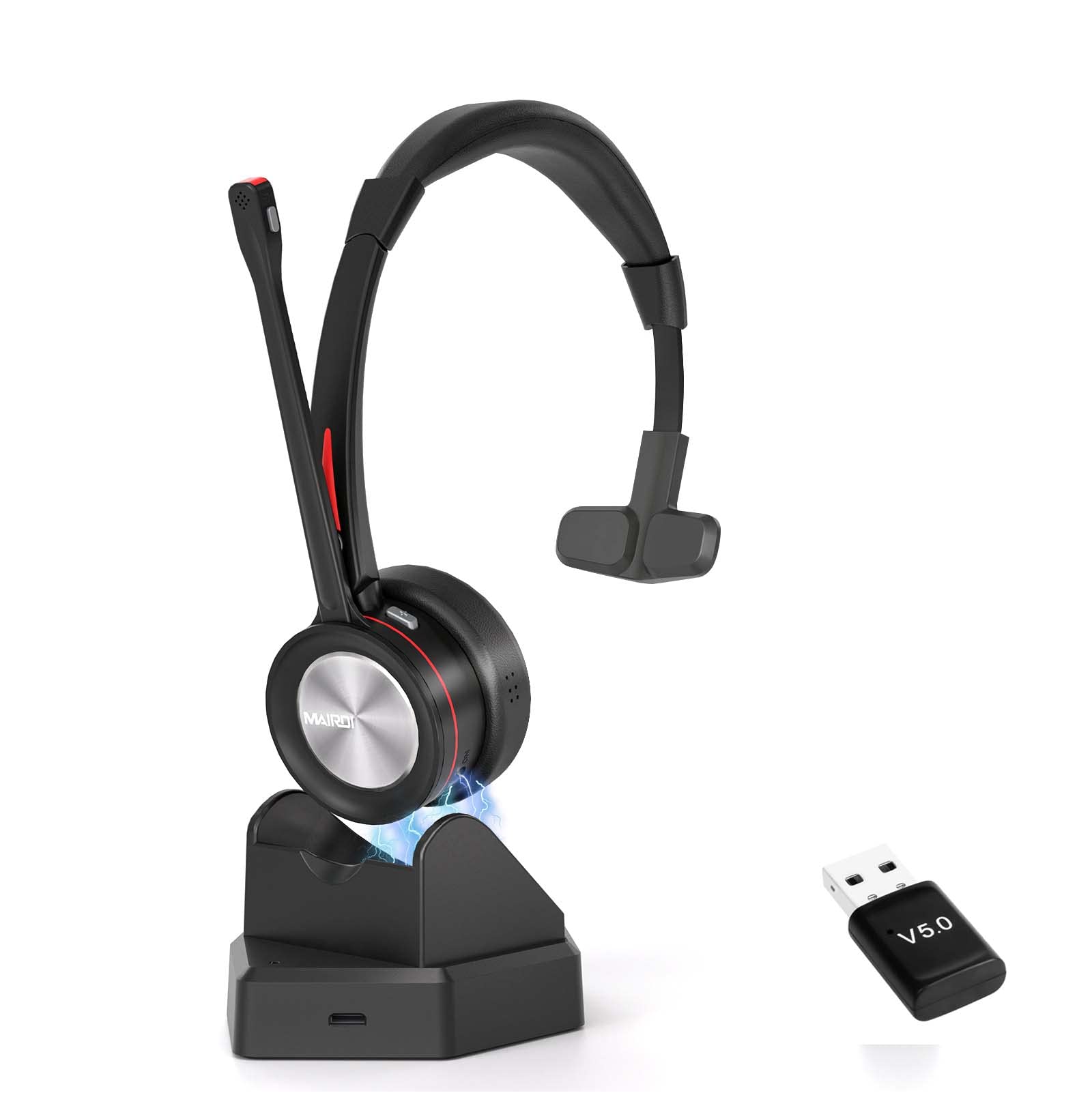 MAIRDI Wireless Bluetooth Headset with Microphone - 5.2 Noise Canceling Headphones for PC, Truck Drivers, Office & Call Centers - 40H Playtime - Compatible with Teams, Skype, Zoom, Jabber - Perfect for Remote Work, Online Meetings & Hands-Free Calling