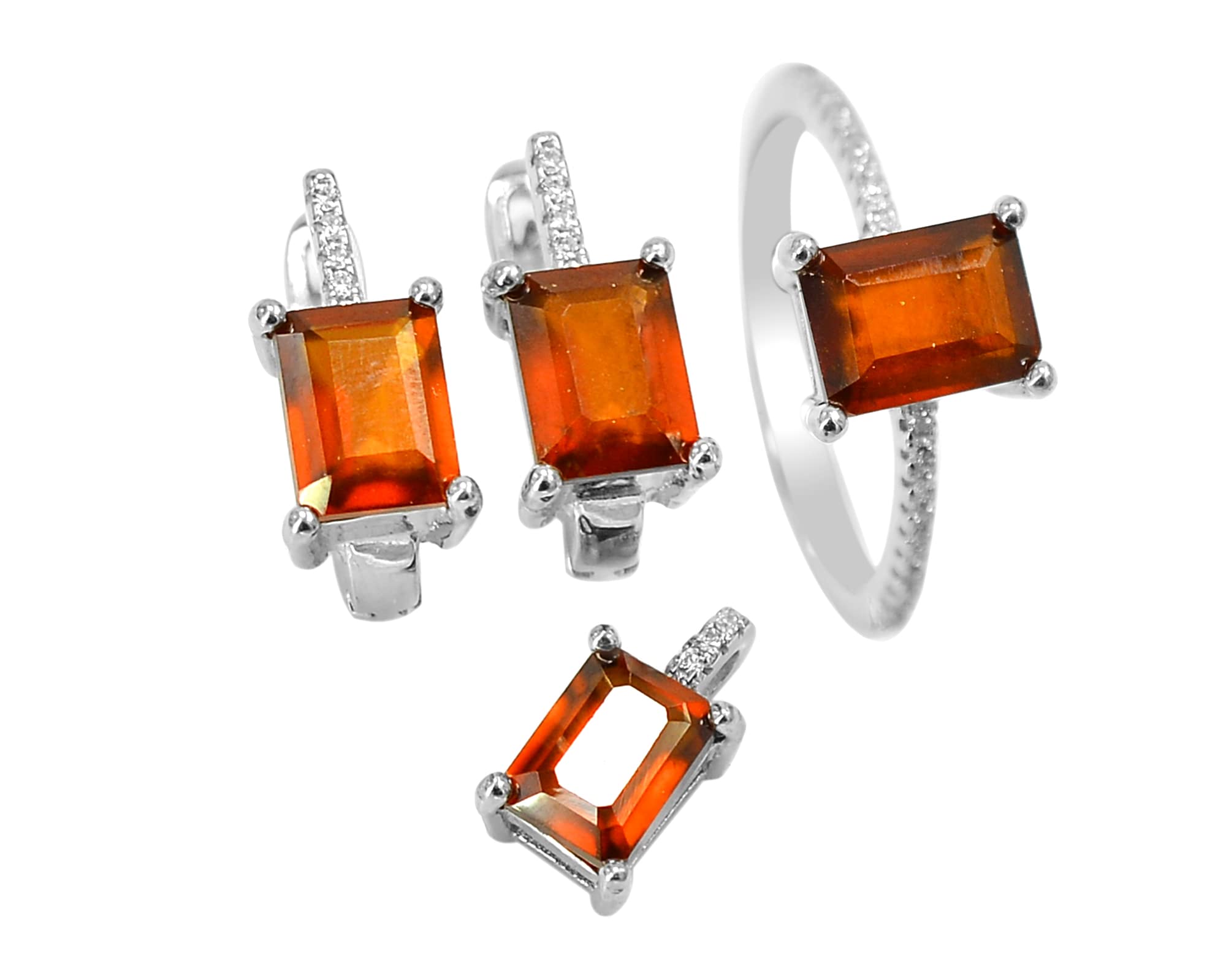 925 Sterling Silver Natural Hessonite Garnet Jewelry Set - Women's Ring & Earrings, January Birthstone, Wedding & Bridal Gift for Anniversary, Engagement, Valentine's Day