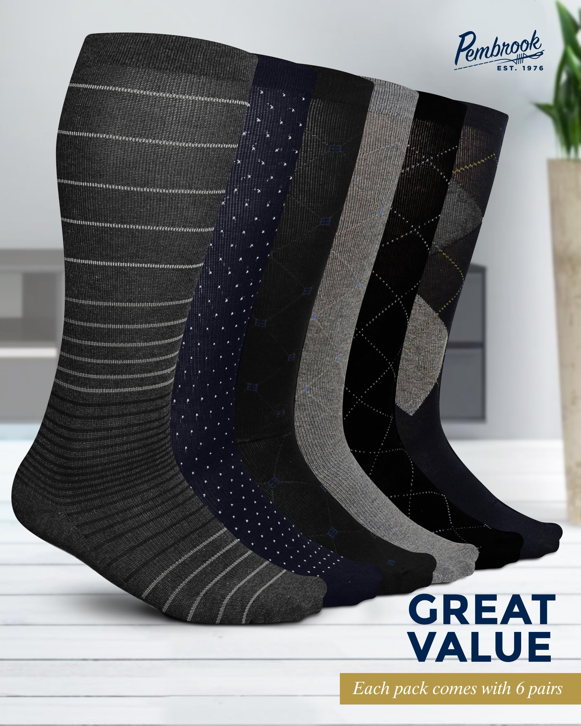 Pembrook Men's Light Compression Socks 6-Pack (8-15 mmHg) - Graduated Support Socks for Circulation, Travel & Recovery - Best for Running, Nursing & Long Flights