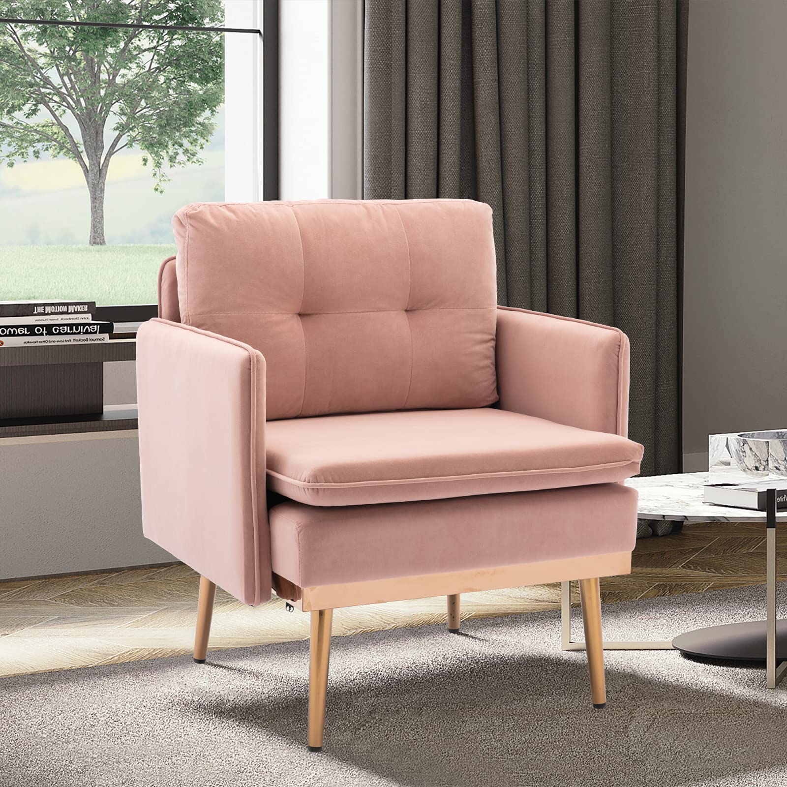 Mid-Century Modern Velvet Tufted Accent Chair - Pink Upholstered Armchair for Living Room, Bedroom & Office - Comfortable Lounge Recliner for Relaxing, Reading & Decor