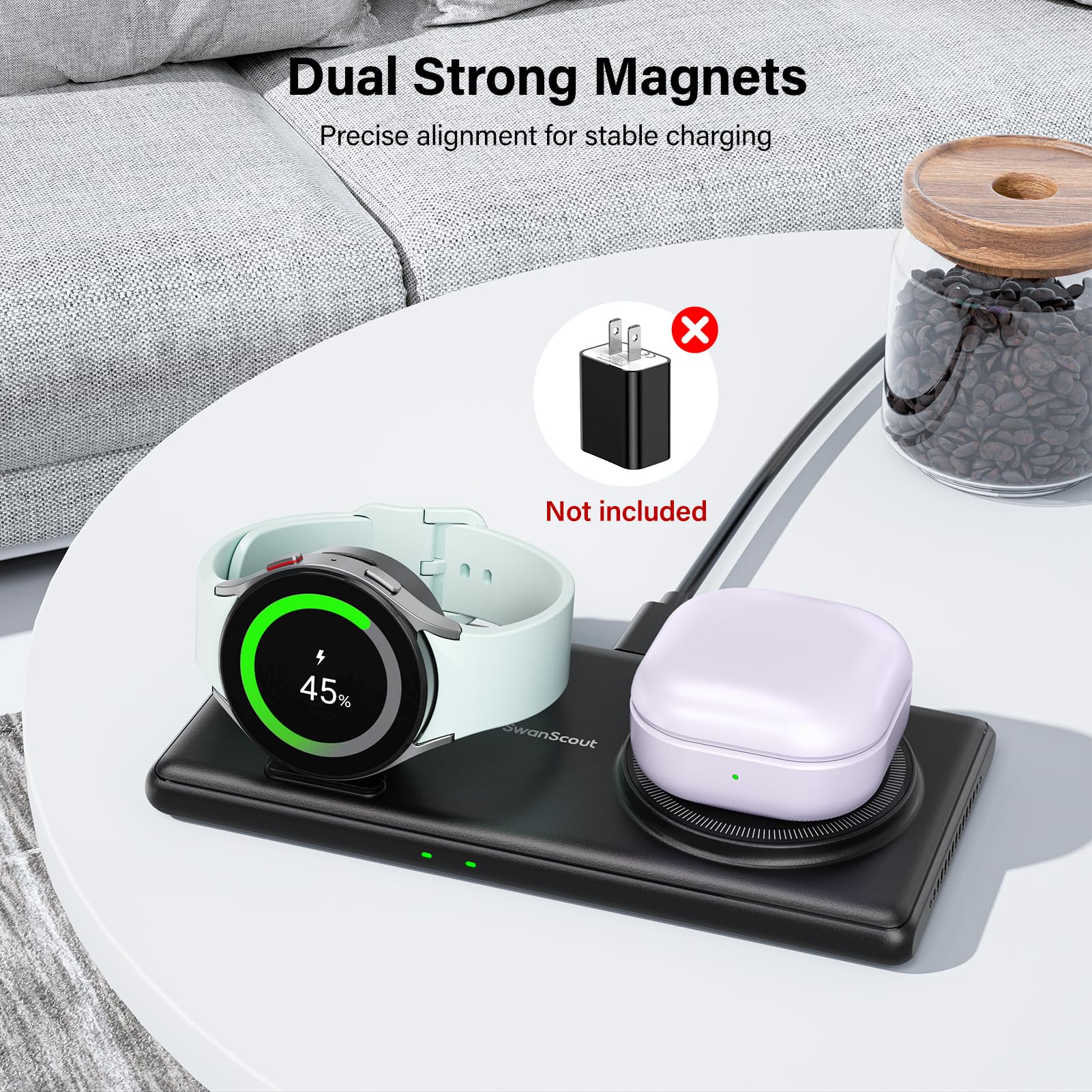2-in-1 Wireless Charging Station for Samsung S25 Ultra/S25+/S25/Fold 6/Flip 6 & Galaxy Watch Ultra/7/6/5/4/3 & Buds 3/3 Pro - Fast Qi-Certified Charger Pad (No Adapter Included) | Perfect for Home, Office & Travel Use