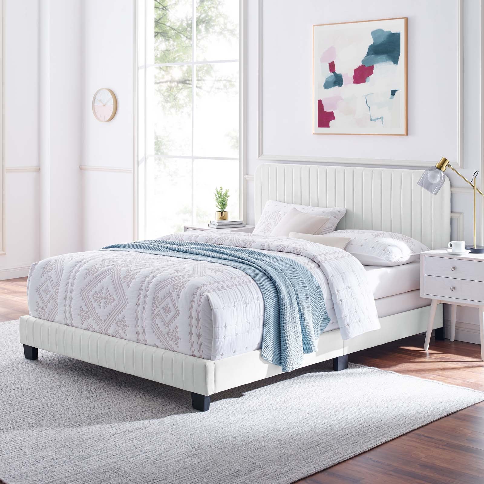 Luxury Celine Channel Tufted Performance Velvet Bed - Queen Size Upholstered Platform Bed Frame with Button Tufting for Bedroom & Guest Room Elegance