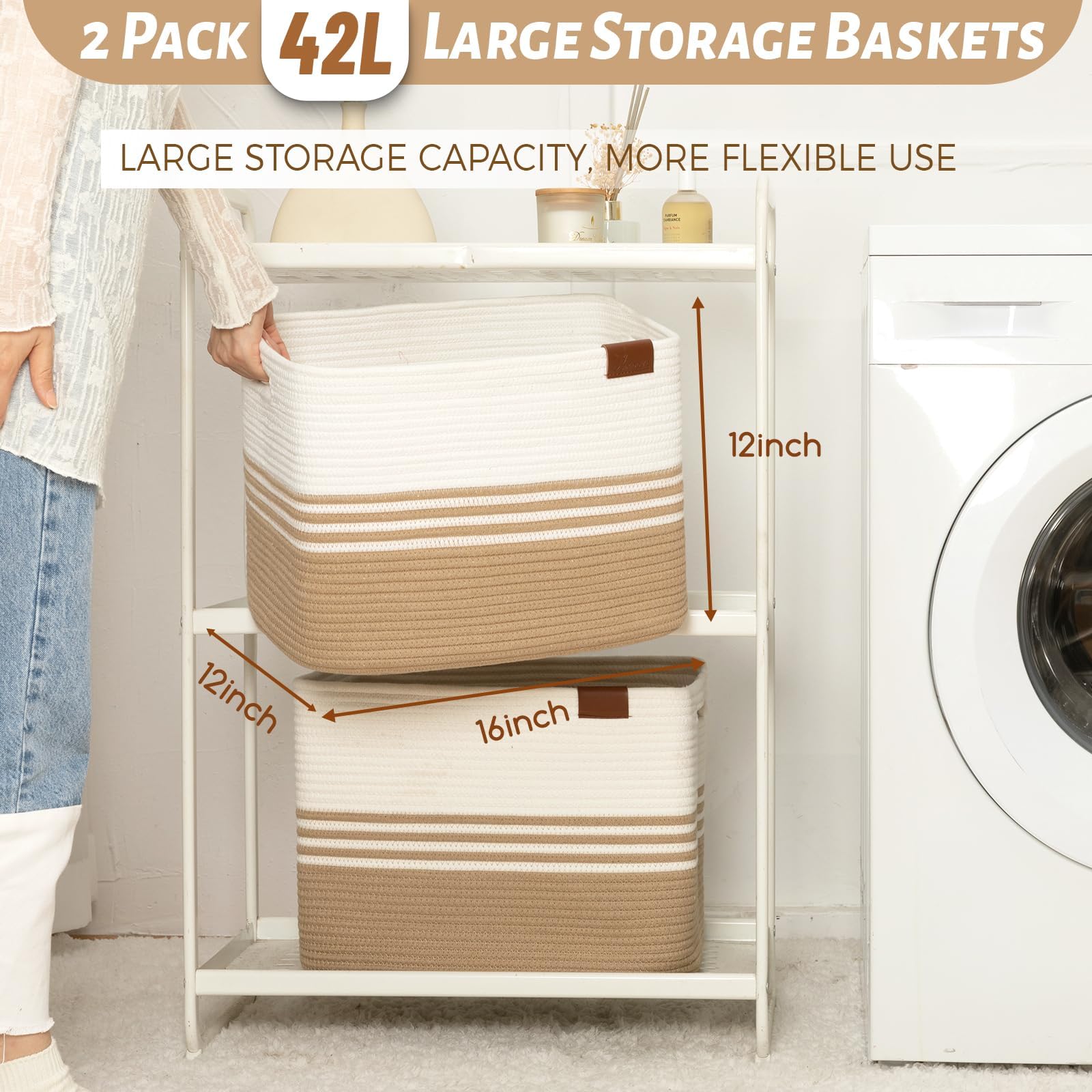 42L*2 Pack Jute Storage Baskets - Cotton Rope Laundry Basket for Closet, Blanket & Toy Organizer - Perfect for Living Room, Bedroom, Laundry Room & Home Organization