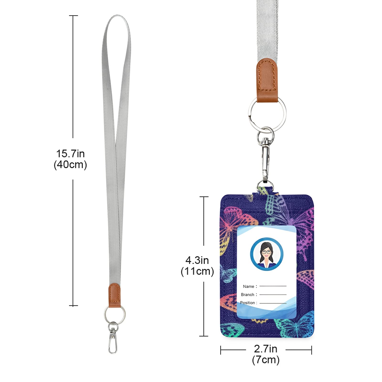 Rainbow Butterflies ID Badge Holder - Vertical Leather with Lanyard for Office & School Staff