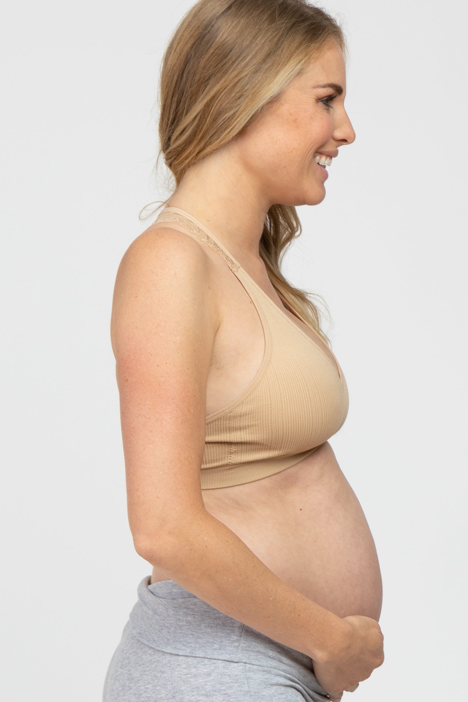 Beige Lace Racerback Maternity Bralette - Comfortable Nursing Bra for Pregnant & Breastfeeding Women - Perfect for Everyday Wear, Yoga & Sleep