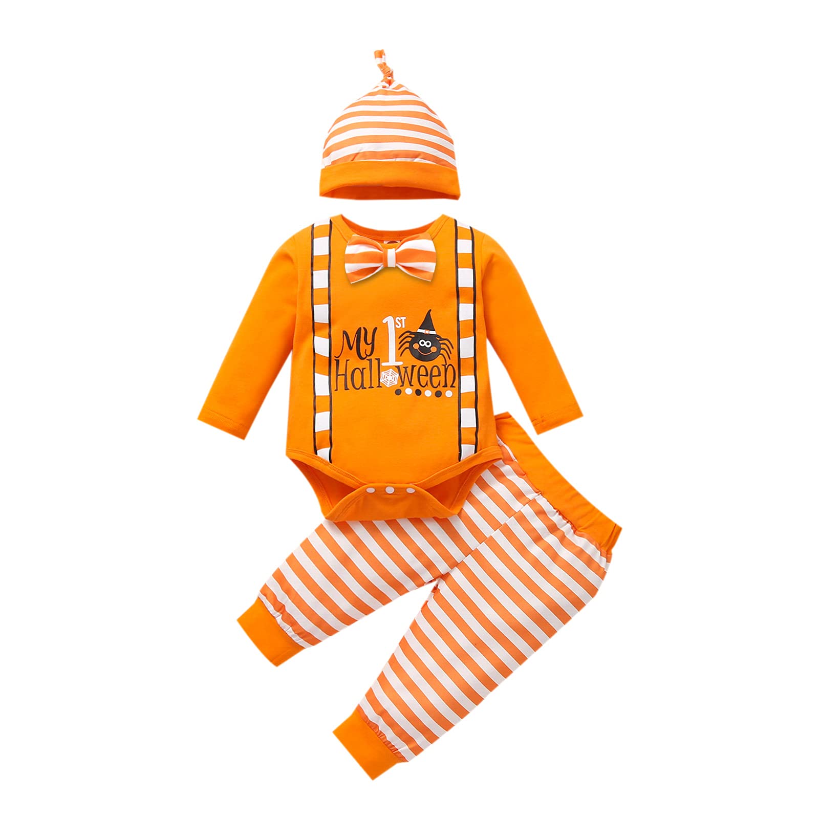 3Pcs Halloween Baby Clothes Set - Newborn Boy Girl Romper with Pumpkin Pattern, Pants & Hat Outfit - Perfect for First Halloween, Photo Shoots & Autumn Festivals