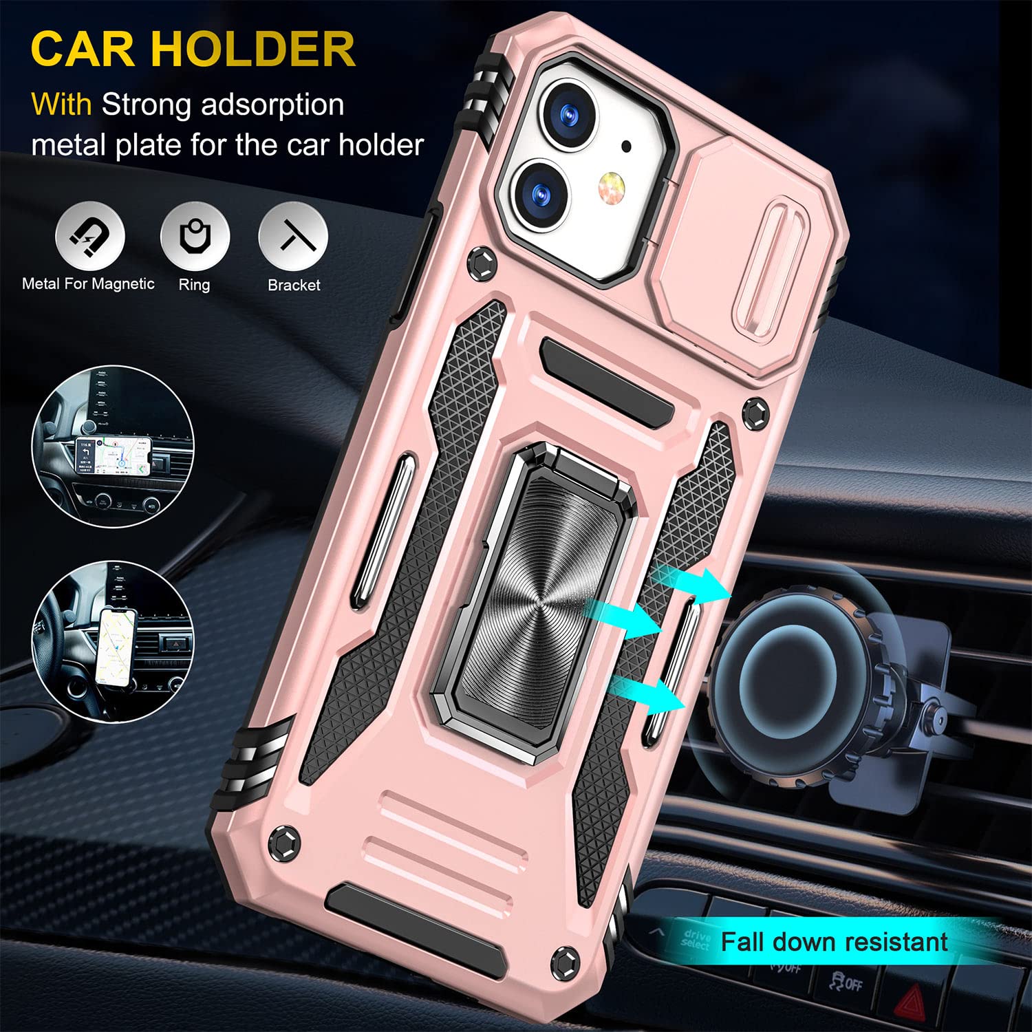 Premium Magnetic Phone Case for iPhone 12/12 Pro - Rose Gold with Camera Cover, Ring Holder Kickstand & Car Mount | Slim Protective Cover for Work, Travel & Everyday Use
