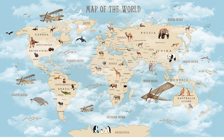 Interactive Blue World Map Wallpaper for Kids - GeoExplorers Educational Decor | Perfect for Bedrooms, Classrooms & Playrooms