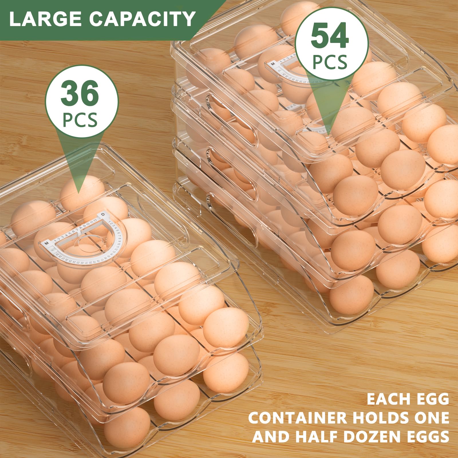 3-Tier Rolling Egg Holder for Refrigerator - 54 Large Capacity Egg Storage Container with Lid - Space Saving Kitchen Organizer for Eggs - Perfect for Fridge, Pantry, and Breakfast Meal Prep