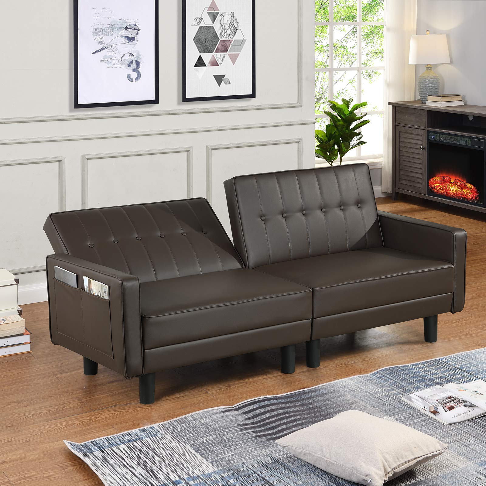 URRED Convertible Futon Sofa Bed - Tufted Loveseat Sleeper with Adjustable Backrest & Side Pockets | Space-Saving PU Leather Sofa for Small Apartments, Dorms & Guest Rooms (Brown)
