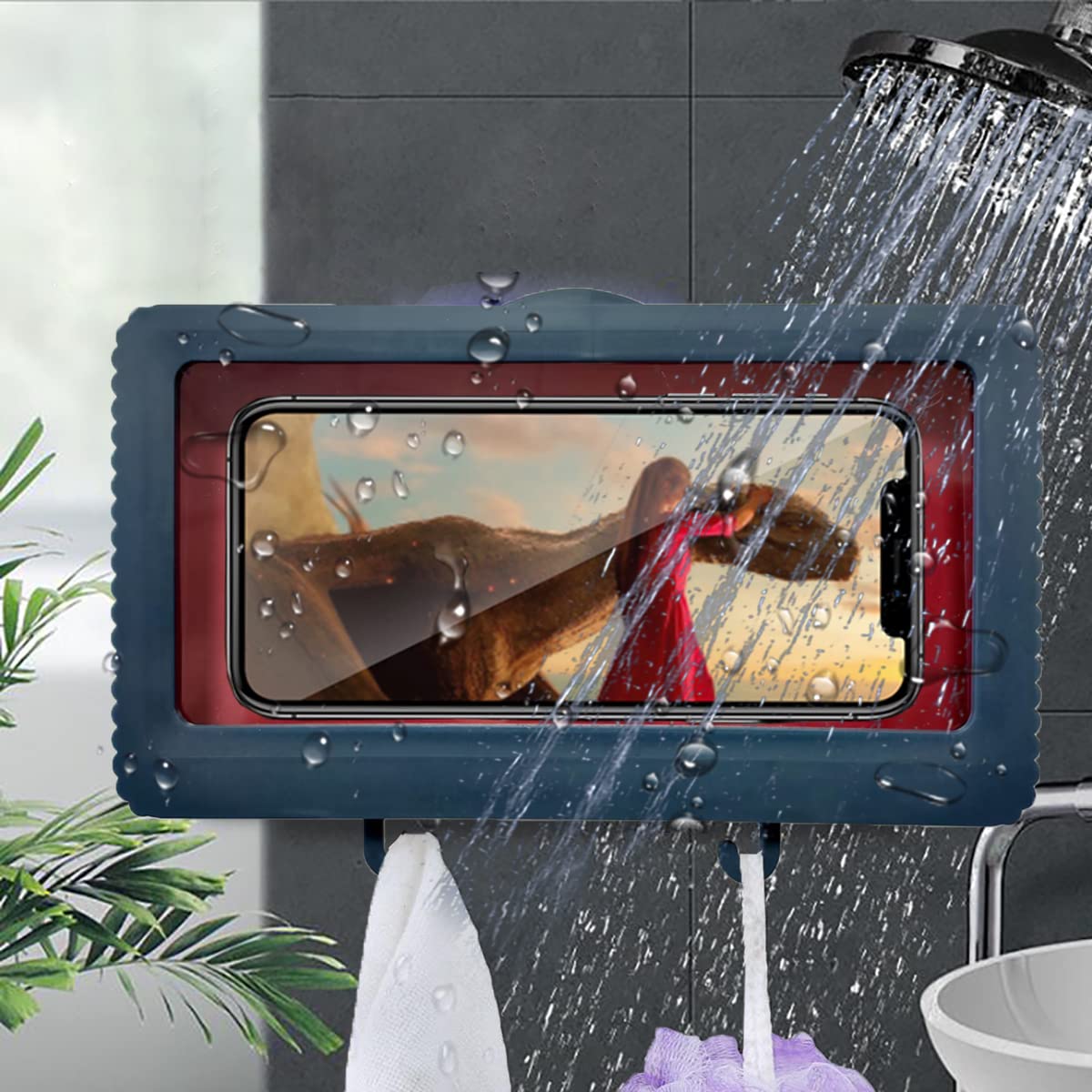 QeeHeng Waterproof Shower Phone Holder - Anti-Fog Bathroom Shelf with Mirror for iPhone & Android | Perfect for Shower, Bath & Spa Relaxation (Blue)