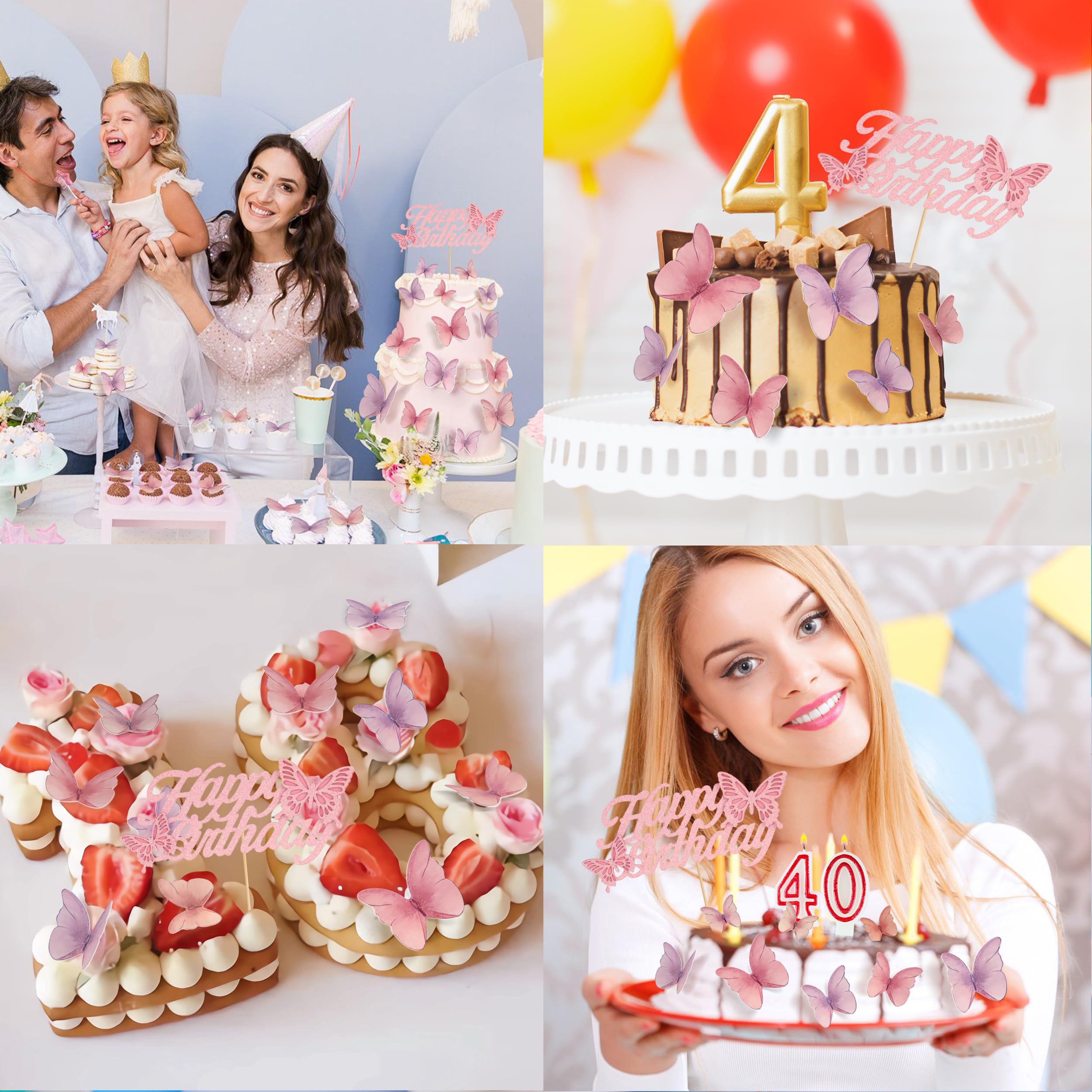 48 Pcs Edible Butterflies for Cake Decorations - 3D Wafer Paper Butterfly Cupcake Toppers, Happy Birthday Cake Topper for Party, Wedding & Baby Shower (Pink & Purple) - Perfect for Birthday Cakes, Cupcakes, Desserts & Special Occasions