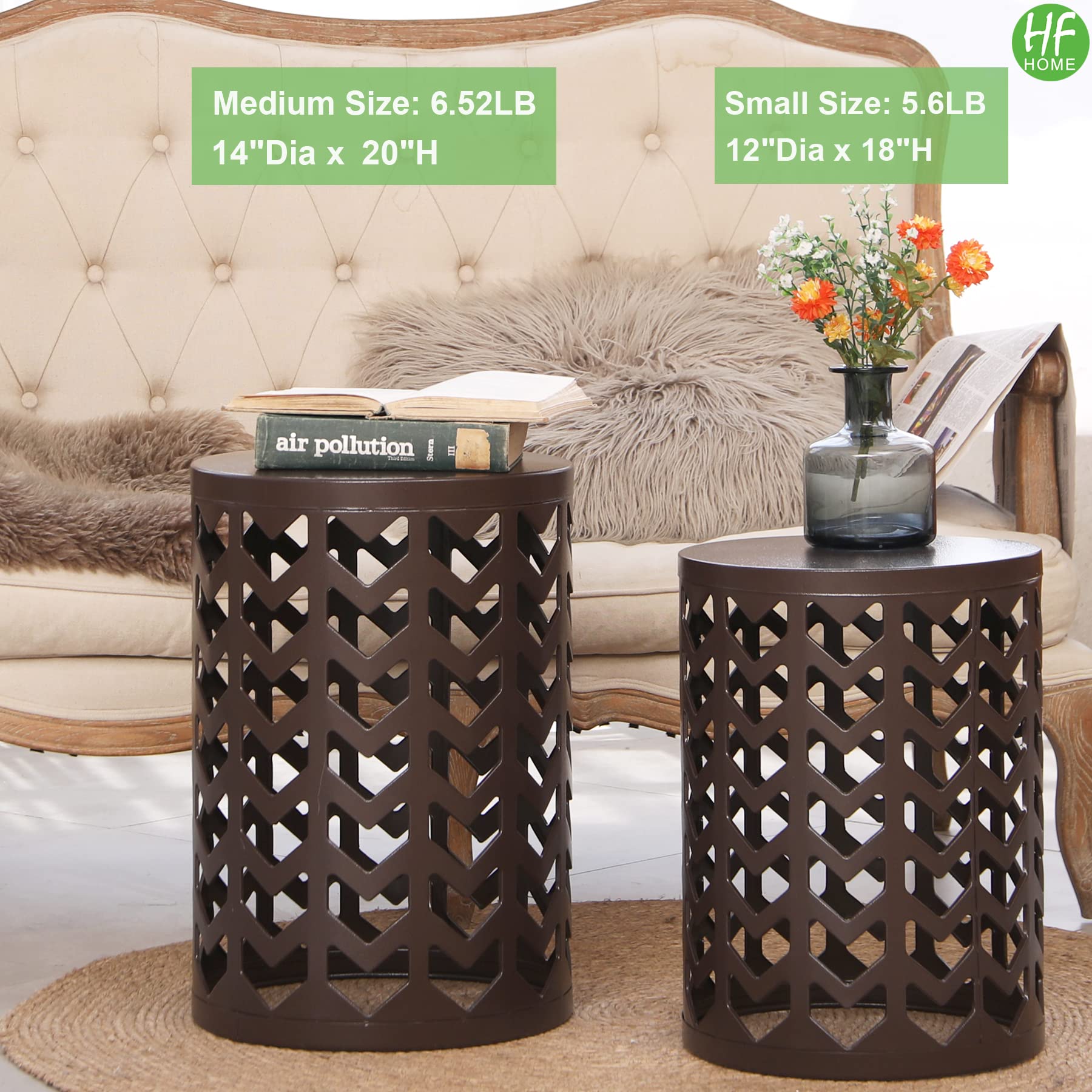 HFHOME Round Nesting Coffee Tables Set of 3 - Heavy Duty Metal Stacking End Tables for Living Room, Balcony, Office - Brown Indoor Side Tables for Home Decor | Perfect for Small Spaces, Coffee Time & Modern Interior Design