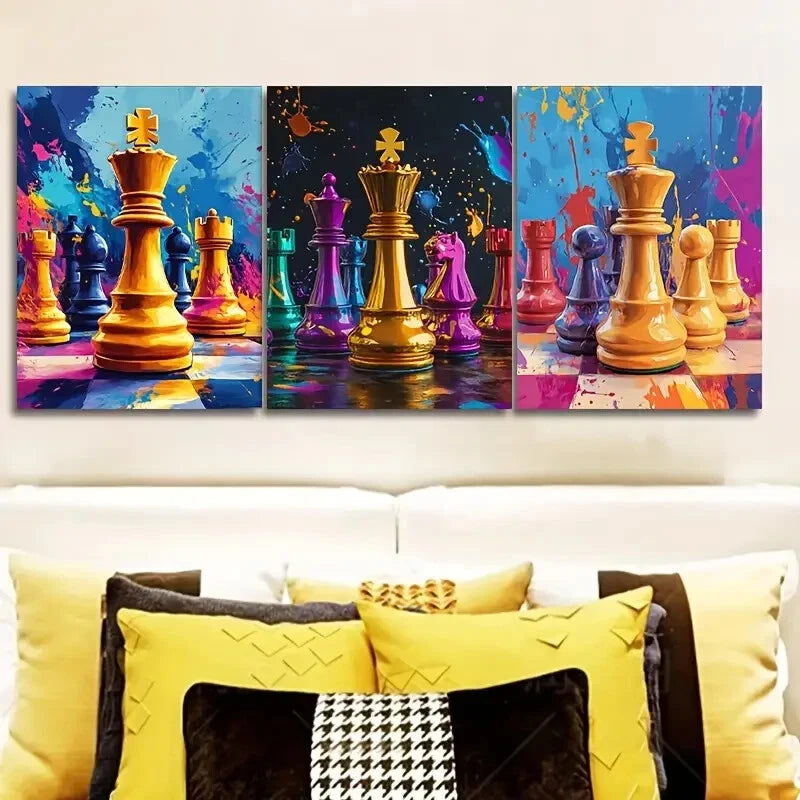 3-Piece Digital Chess Piece Wall Art Set - Framed Canvas 40x60cm | High Quality Print | 100% Australian Made | Ready to Hang | Perfect for Game Room, Office Decor & Chess Lovers