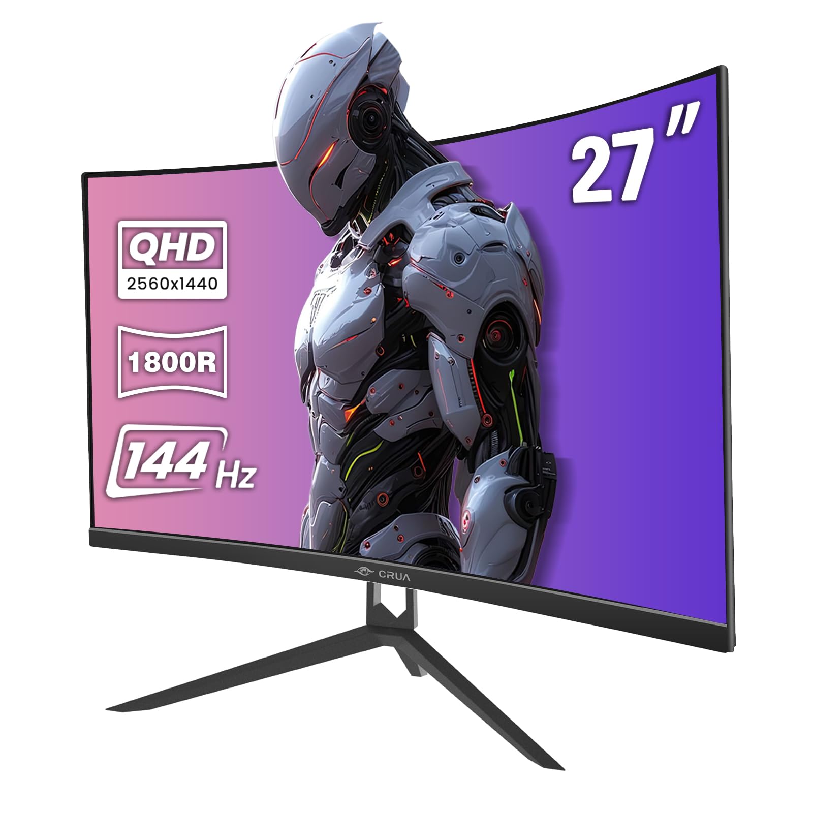CRUA 27 Inch Curved Gaming Monitor - 1440P QHD, 144Hz/165Hz Refresh Rate, 99% sRGB, AMD FreeSync, VESA Mount (HDMI, DP) - Black | Perfect for Esports, Streaming & Home Office Setup