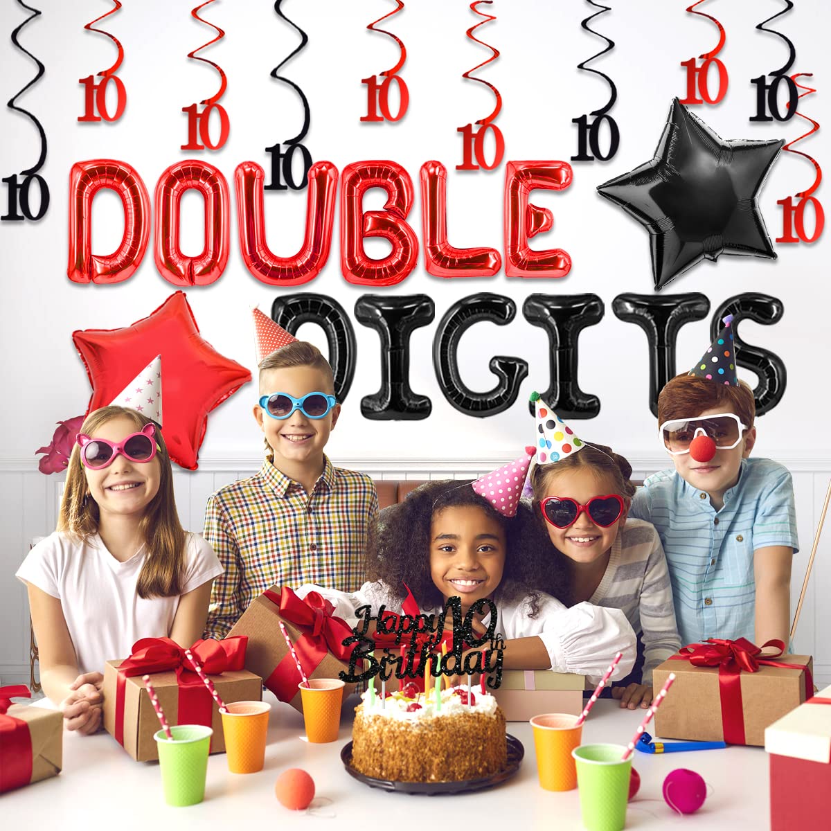 10th Birthday Party Decorations for Boys - Red & Black Double Digits Theme with Foil Balloons, Hanging Swirls, Cake Topper & Banner | Perfect for 10 Year Old Birthday Celebrations, Decorations & Photo Backdrops