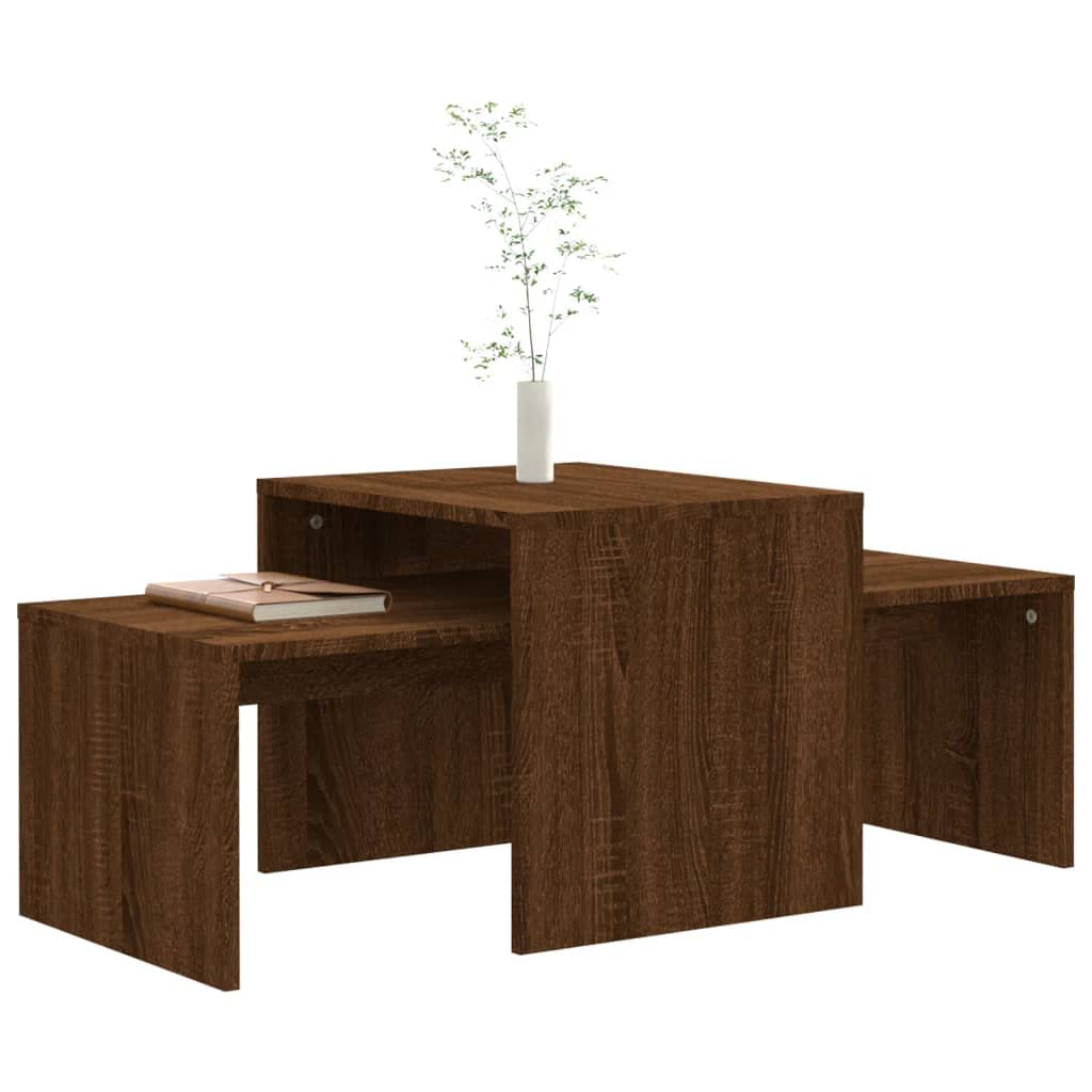 Modern Brown Oak Coffee Table Set - Engineered Wood Nesting Tables with Spacious Surface & Hidden Storage | Perfect for Living Room, Lounge & Small Spaces