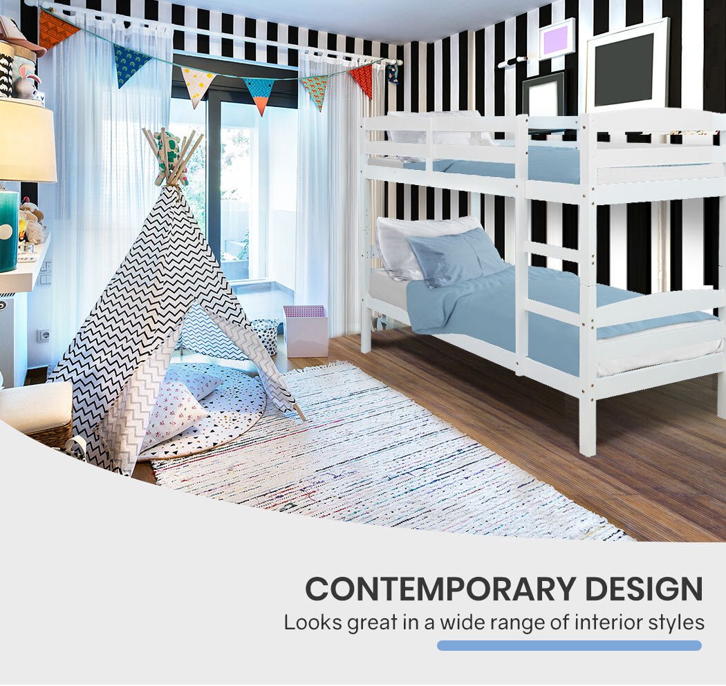 Kids Single Wooden Bunk Bed Frame - White | Sturdy & Safe Loft Bed for Children's Bedroom | Perfect for Siblings, Sleepovers & Small Spaces