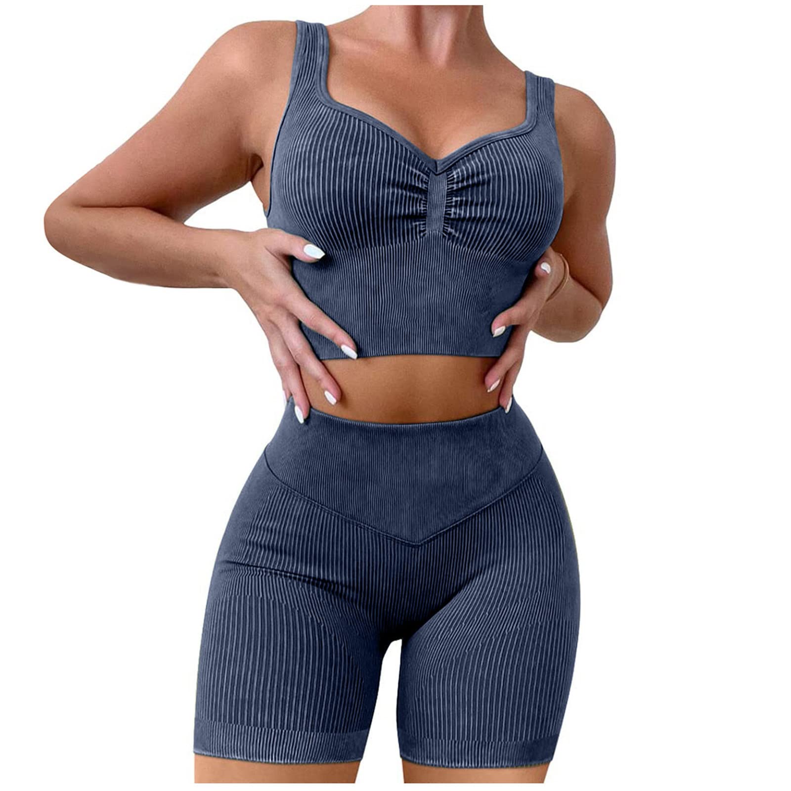 Women's 2-Piece Workout Set - Seamless Ribbed Crop Tank Top & High Waist Yoga Shorts | Front Ruched Design for Gym, Running & Yoga Outfits