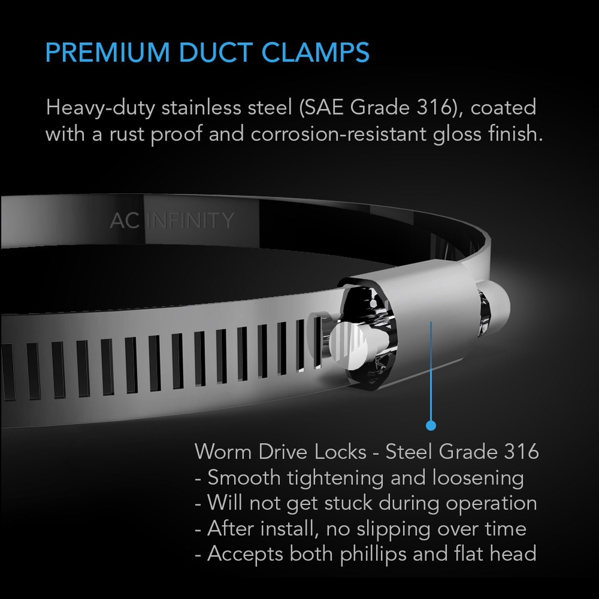 AC Infinity Stainless Steel Duct Clamps - Heavy Duty HVAC Clamps for Air Ventilation (4/6/8/10 Inch, 2-Pack) - Perfect for Ductwork, HVAC Systems & Home Ventilation Projects