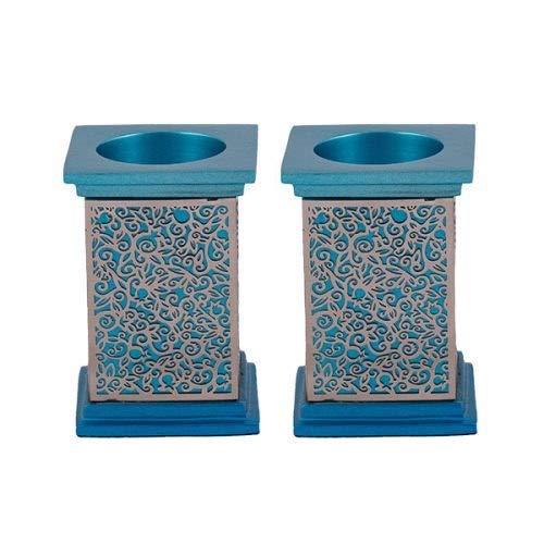 Yair Emanuel Square Candlesticks - Exquisite Metal Cutout Candlestick Holders with Pomegranate and Floral Design, 3.5 x 2.5 Inch Turquoise Silver Candle Holders for Home Decor, Wedding Centerpieces, and Holiday Table Settings