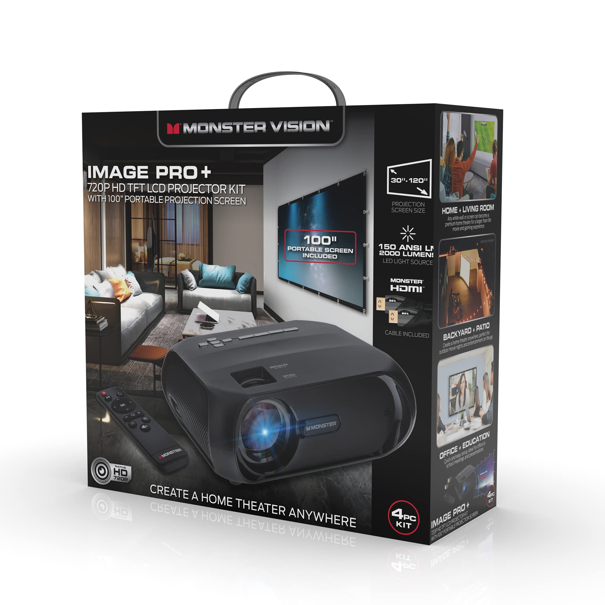 Monster Image Pro 720 HD Projector - 2000 Lumens Bright LCD Projector with 1080p Support | 16ft Projection | HDMI/USB/AV/SD Inputs | Home Theater, Outdoor Movies & Office Presentations
