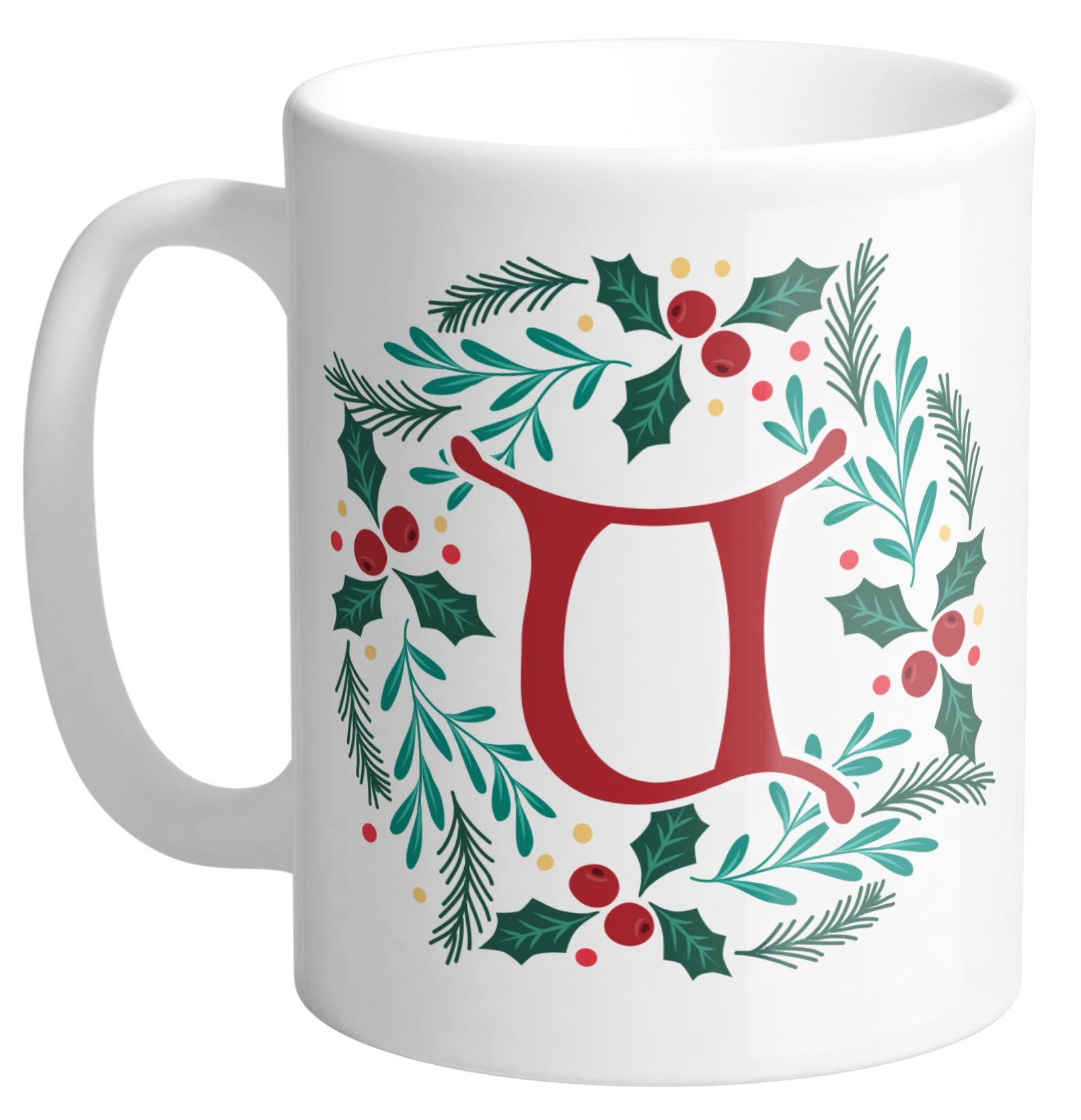 Personalized Initial Letter U Ceramic Coffee Mug 11oz - Christmas Monogram Wreath Design - White - Perfect for Holiday Gifts & Cozy Winter Mornings