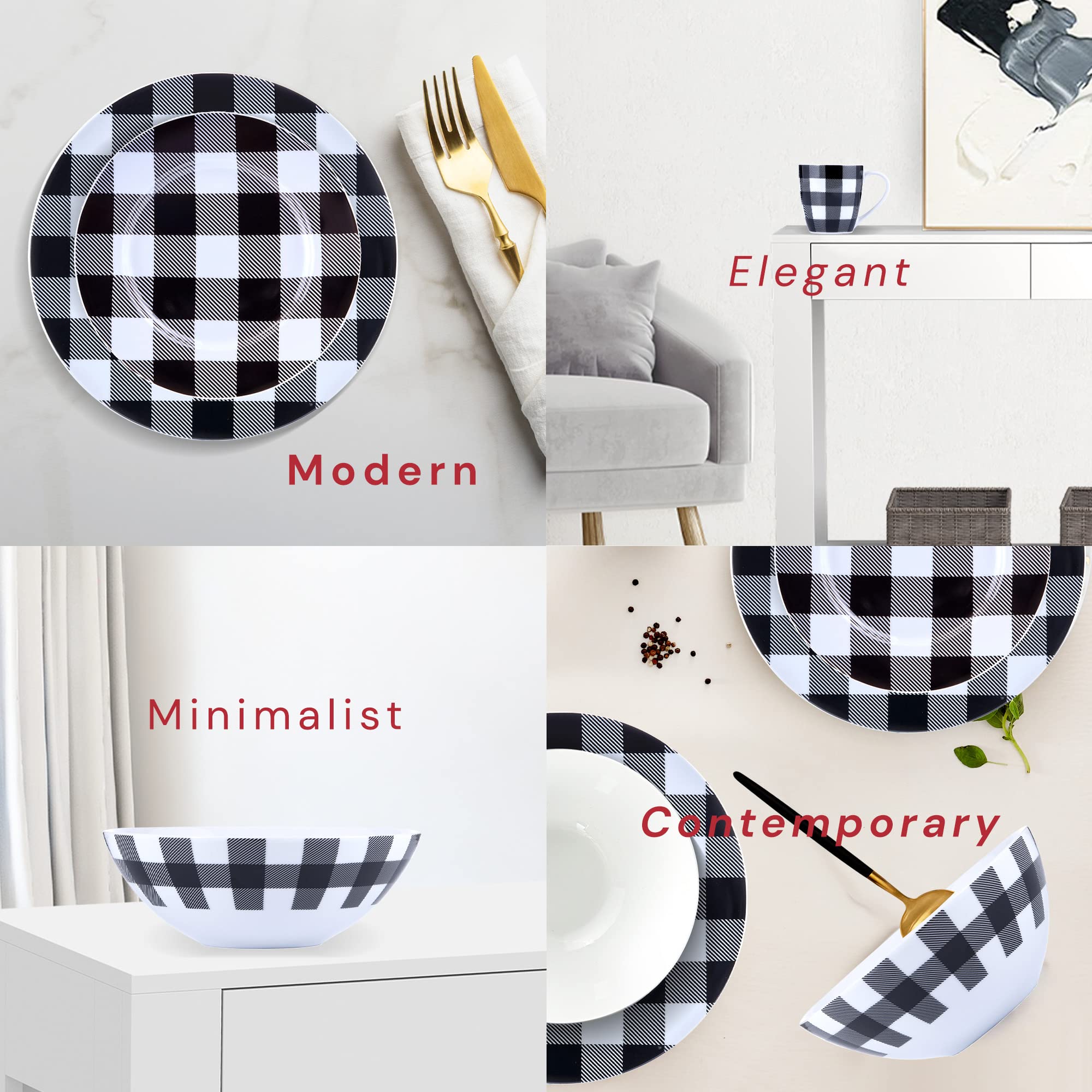 Modern Black & White Plaid 16-Piece Kitchen Dinnerware Set - Frost White Plates, Bowls & Mugs - Dishwasher Safe for Indoor Dining & Entertaining