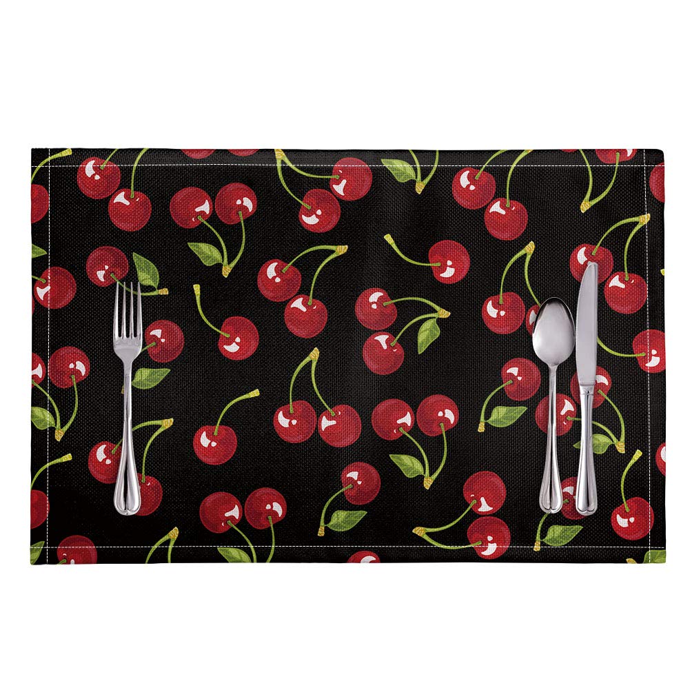 Premium Red Cherry Placemats Set of 6 - Washable Cloth Dining Table Mats for Everyday Use & Holiday Decor - Perfect for Kitchen, Dining Room, and Party Table Settings