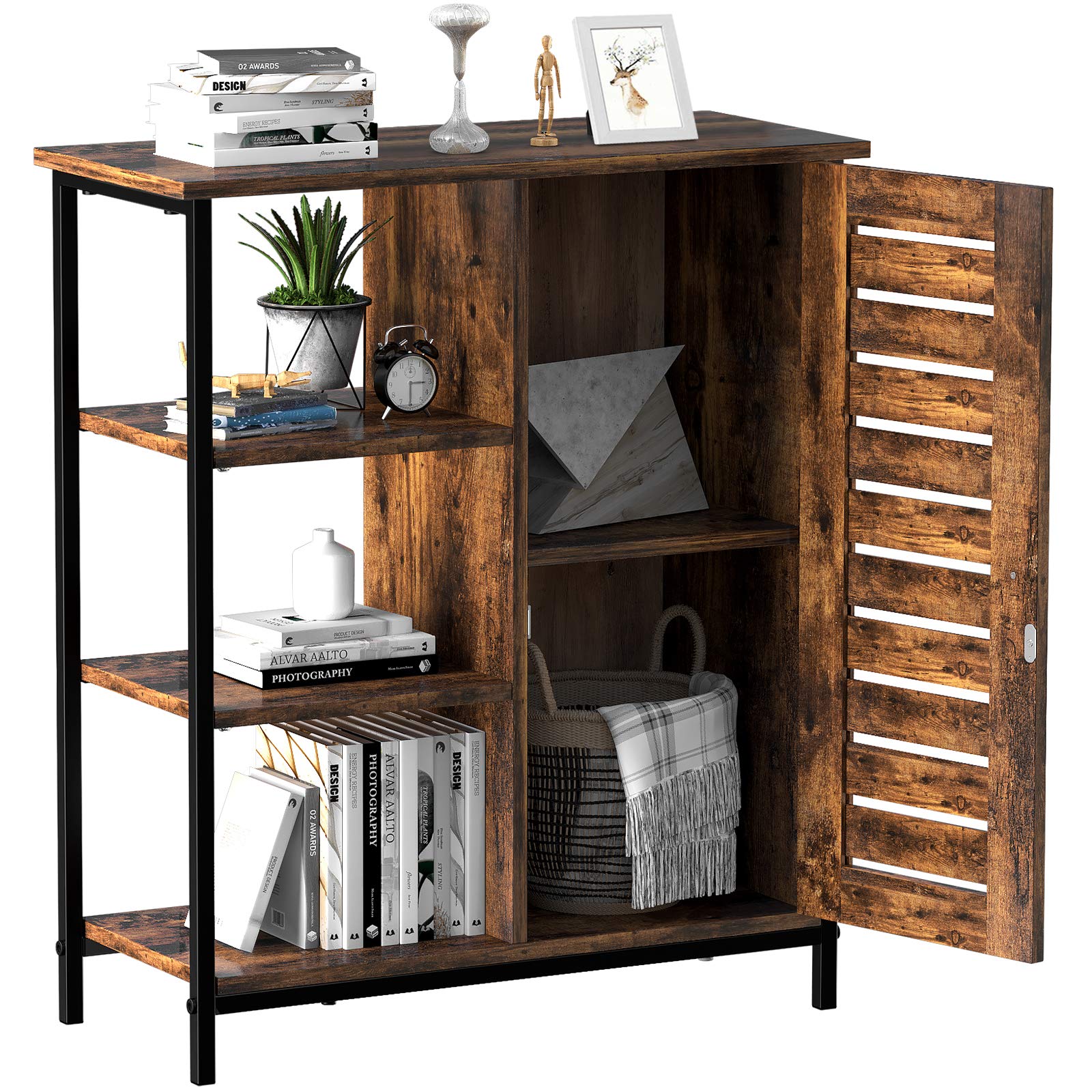 YITAHOME Rustic Brown Side Storage Cabinet with 3 Open Shelves & Door - Sturdy Metal Frame Cupboard for Living Room, Bedroom, Hallway, Kitchen | Perfect for Home Organization & Displaying Decor Items