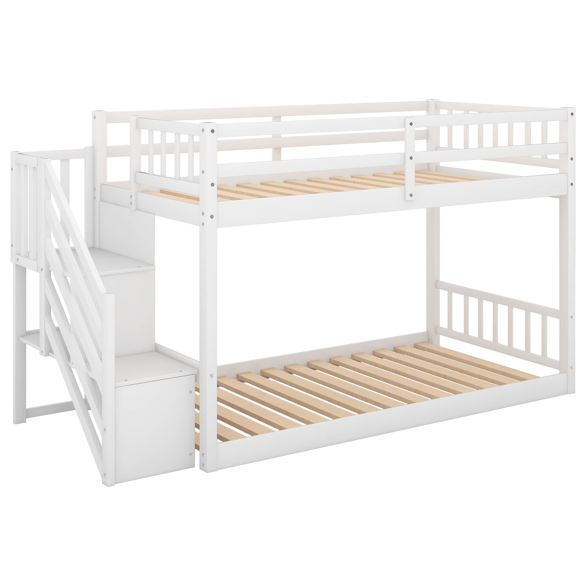 Bellemave White Wood Twin Over Twin Bunk Bed with Storage & Stairs - Low Profile Kids Bunk Bed for Toddler Boys & Girls - Perfect for Small Bedrooms, Shared Kids Rooms & Space-Saving Sleep Solutions