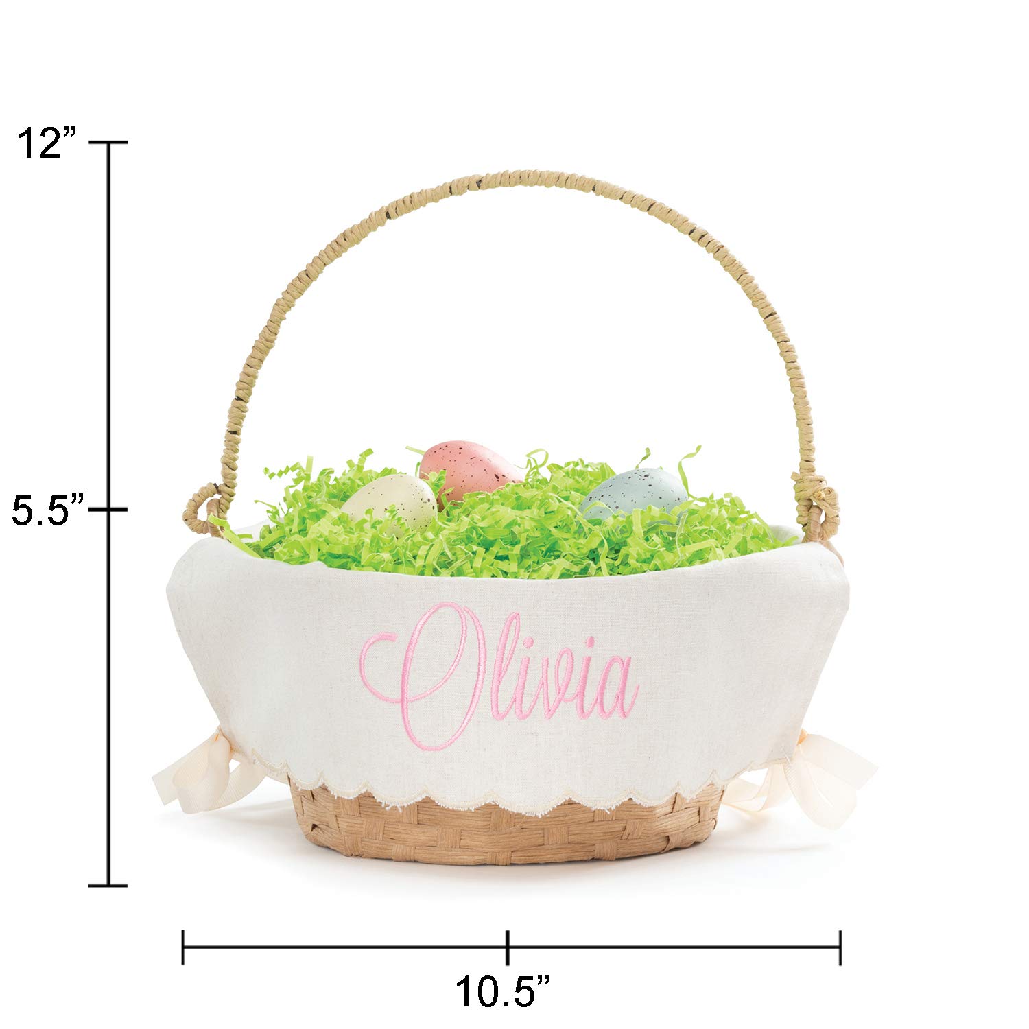 Personalized Easter Basket with Handle - Custom Name in Pink Script & Scallop Edge Linen Liner | Tan Woven Basket for Kids & Adults | Perfect for Easter Egg Hunts, Spring Decor & Gift Giving