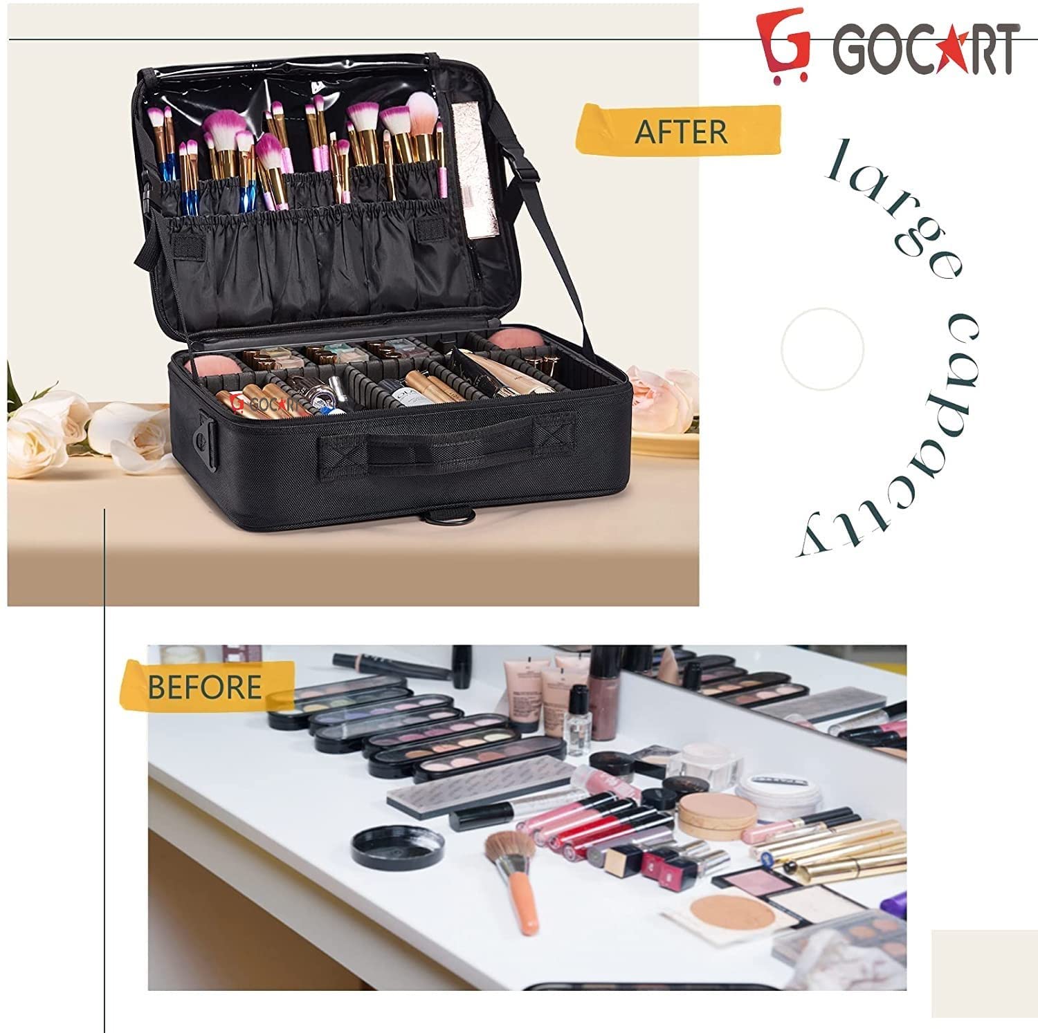 GOCART WITH G LOGO 18 Inch Black Train Case Makeup Organizer - Adjustable Dividers, Vanity Storage Box for Cosmetics & Beauty Tools | Perfect for Travel, Salon & Home Use