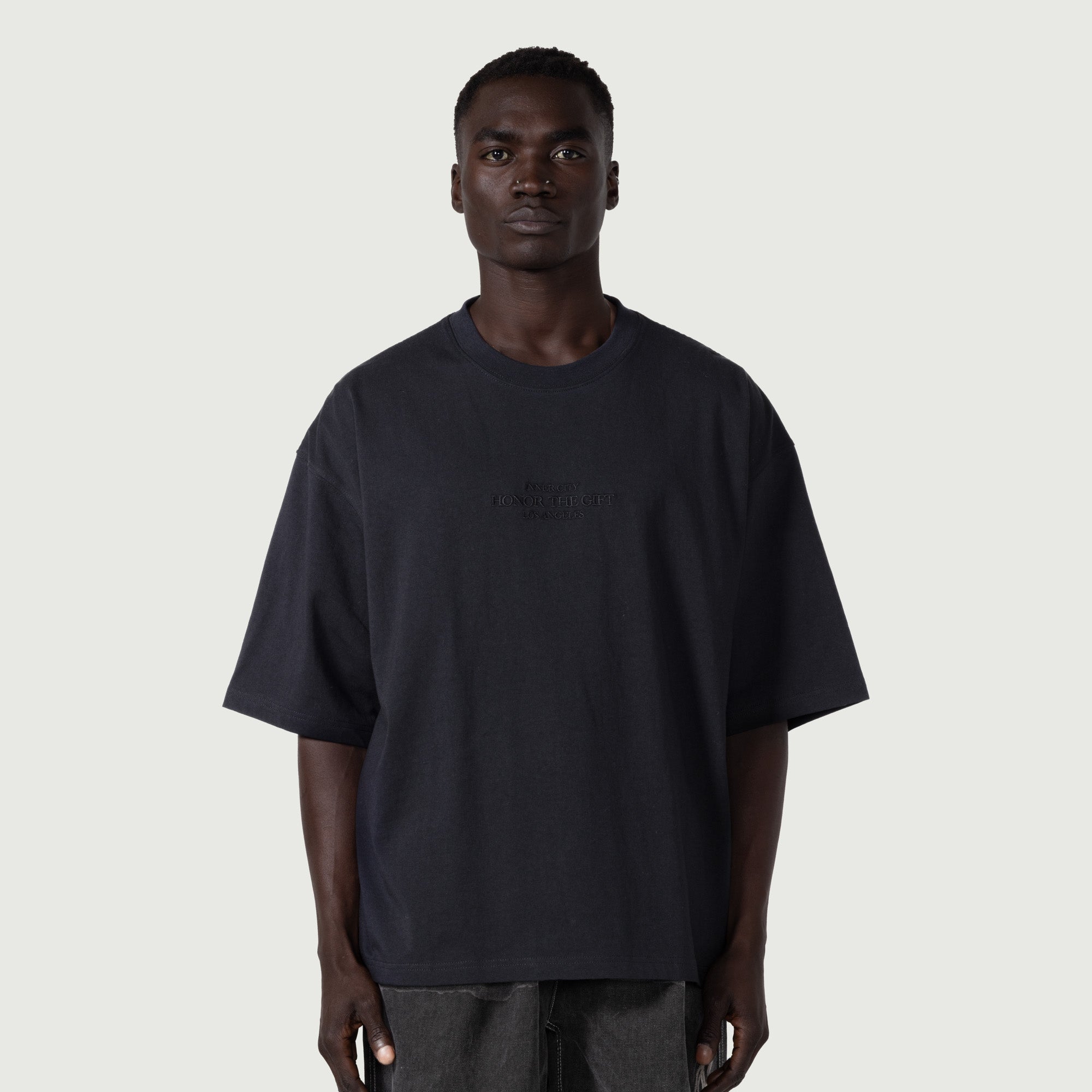 Honor The Gift Embroidered Box Tee - Black Cotton T-Shirt for Men | Streetwear & Casual Outfits