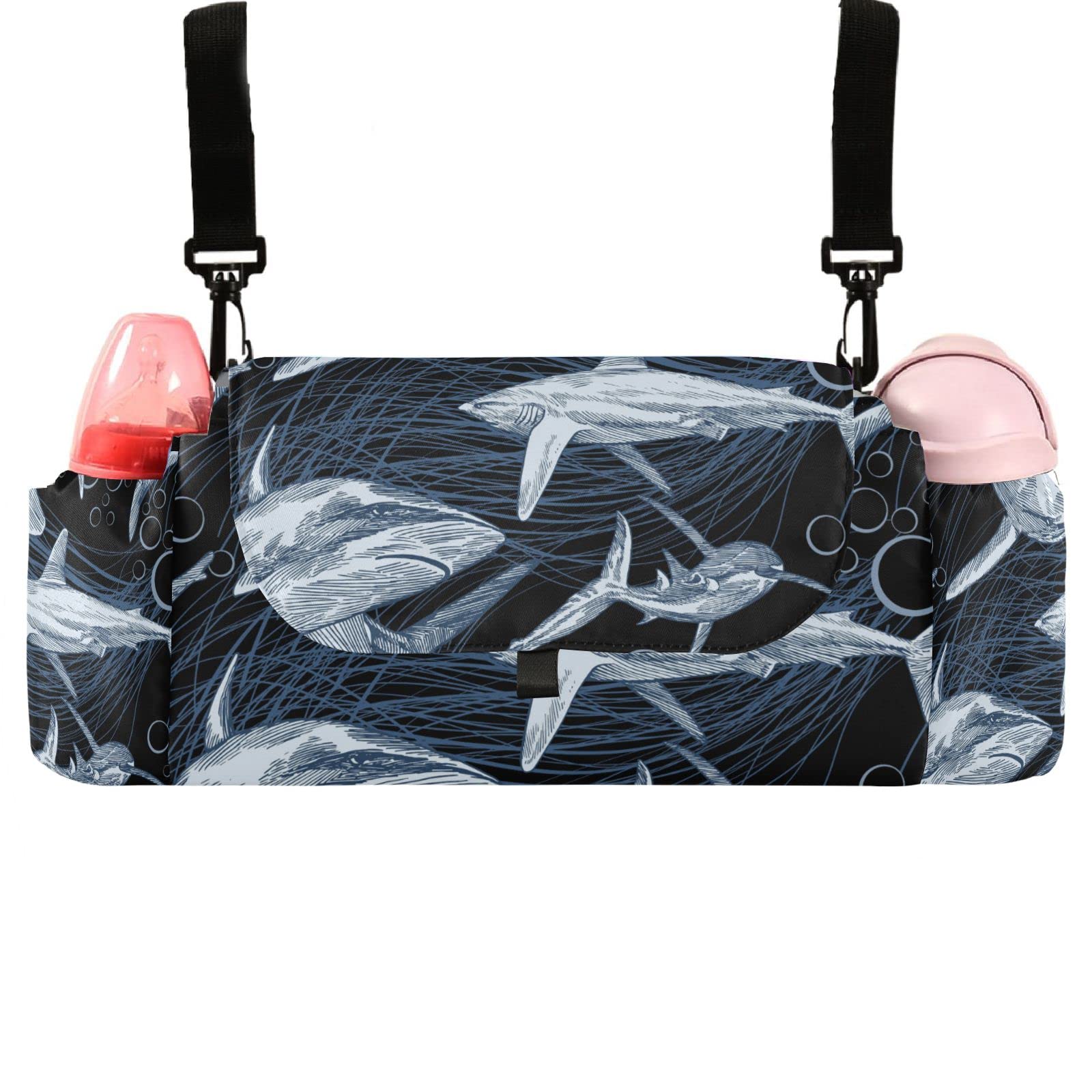 Shark Stroller Organizer with Cup Holders & Zipped Pockets - for Diapers, Bottles & Toys - Perfect for Beach & Park Outings